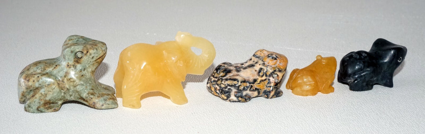 5Pc Chinese Jade & Hard-stone Carved Animals Toads, Frogs, Elephant  (DeL)#9a