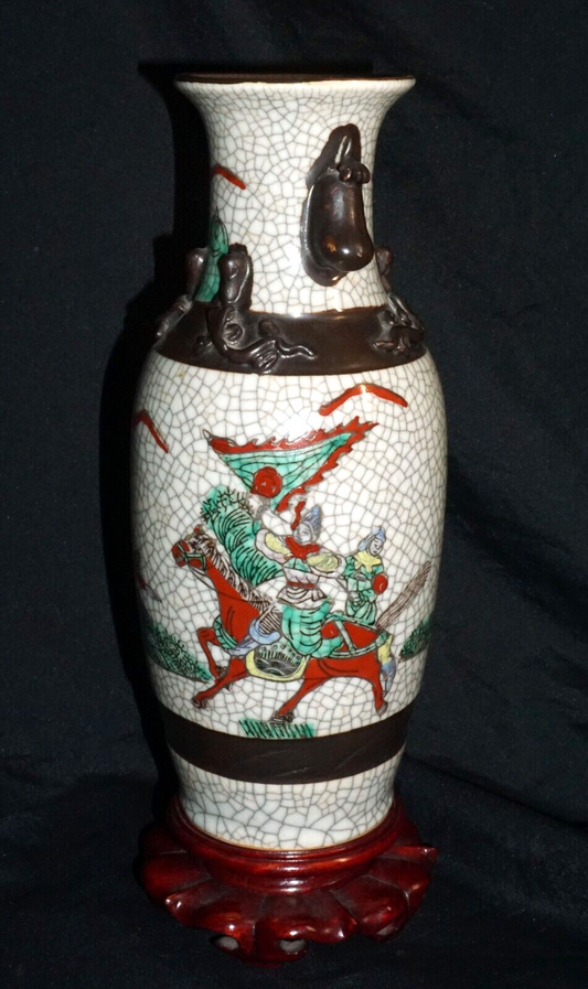 1900 Chinese Pottery Vase w. Crackled Finish Warrior on Horses Motif  (ChT) IC