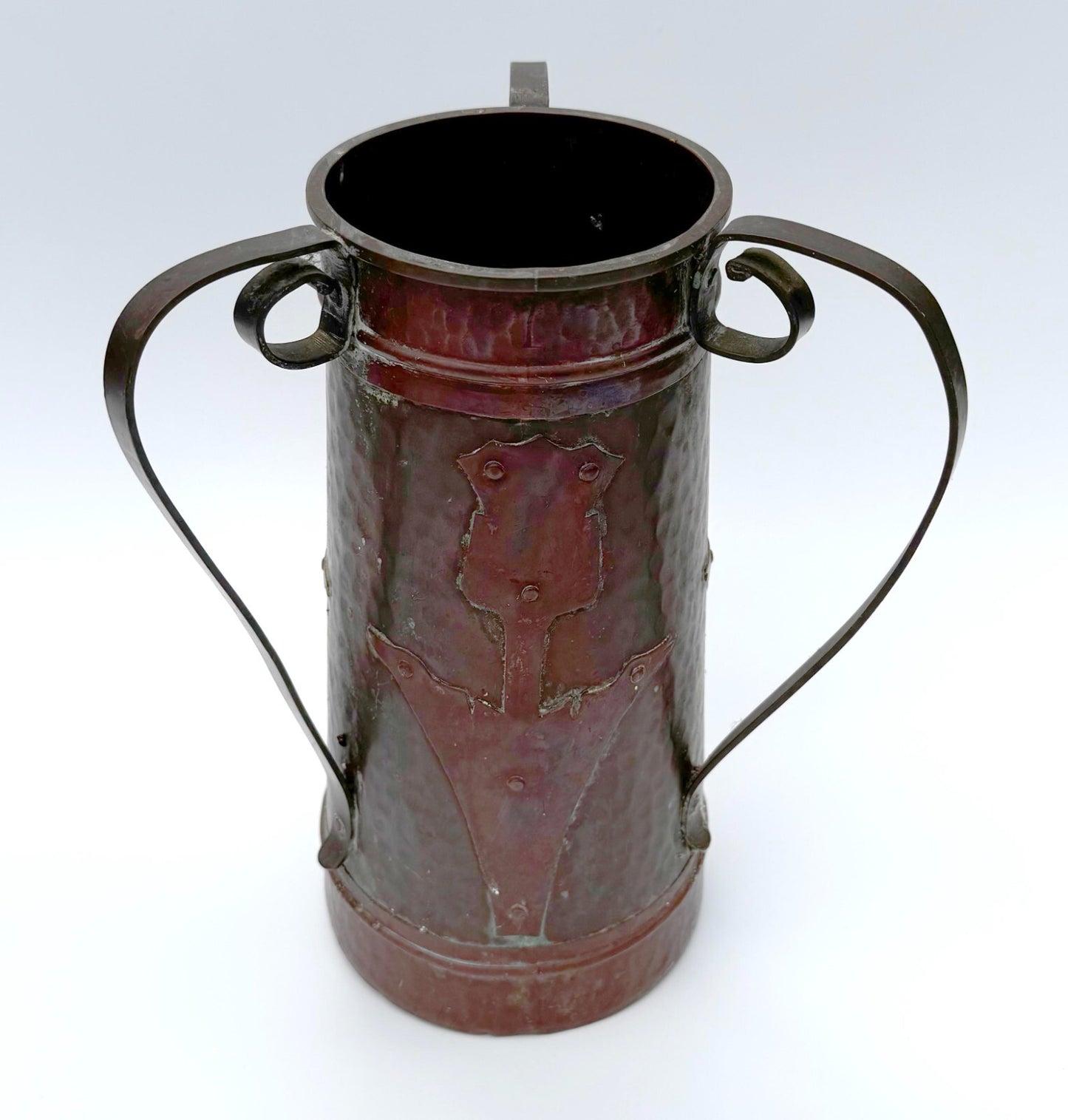 Arts & Crafts Hammered Copper Vase w Riveted Stylized Floral Motif  12" (NeW)