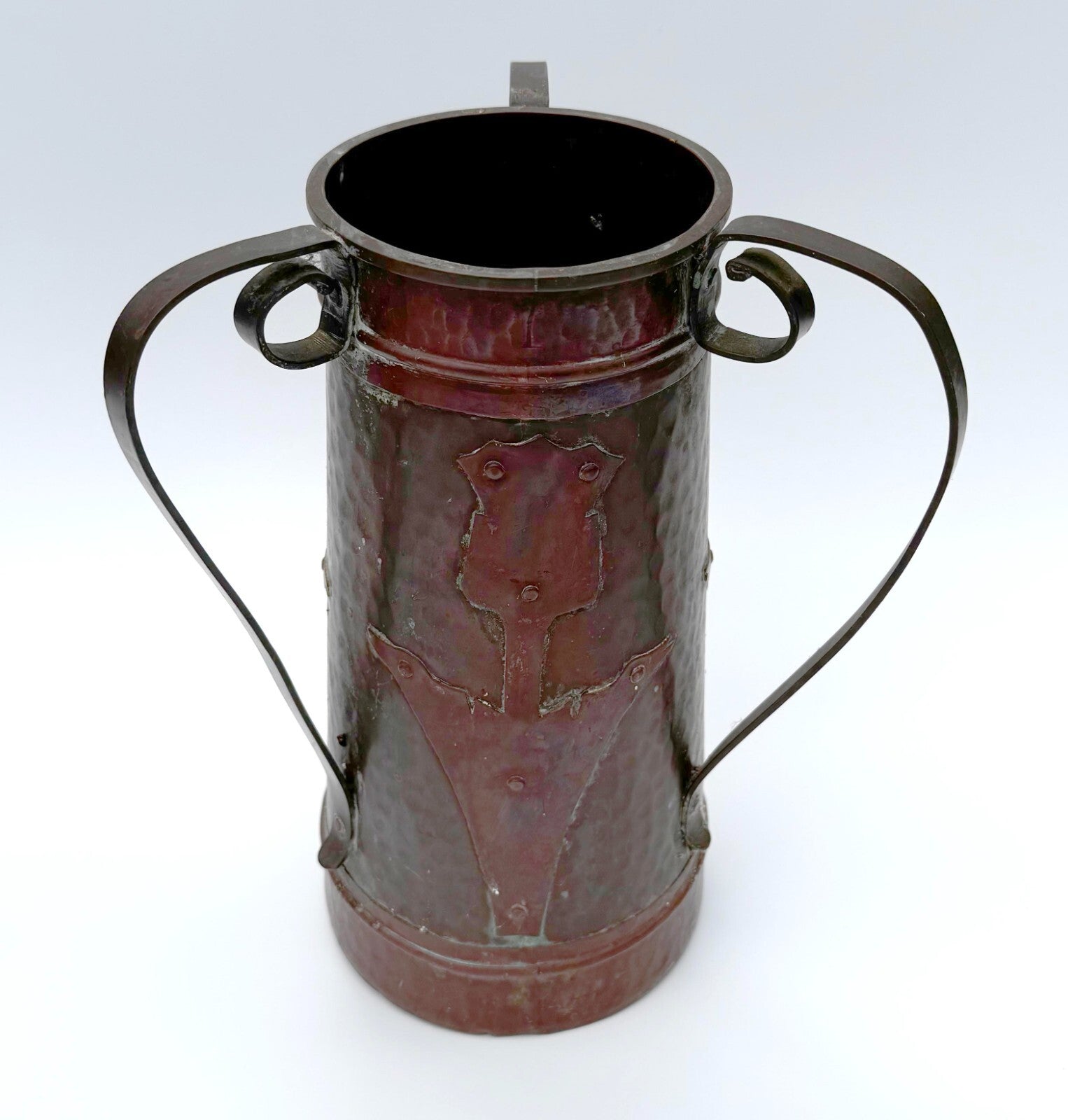 Arts & Crafts Hammered Copper Vase w Riveted Stylized Floral Motif  12" (NeW)