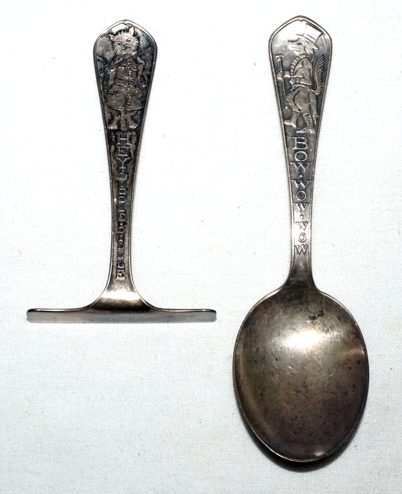 Pair 1930s US Sterling Silver Baby Utensils Bow Wow/ Hey Diddle McChesney  (CrT)