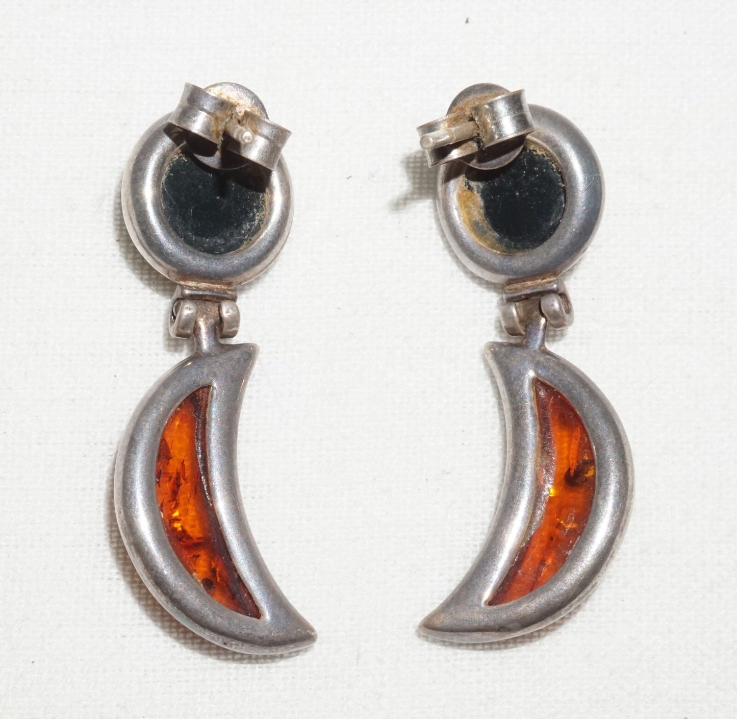 Pair Vintage Sterling Silver & Amber Hinged Dangle Earrings  (JoD)