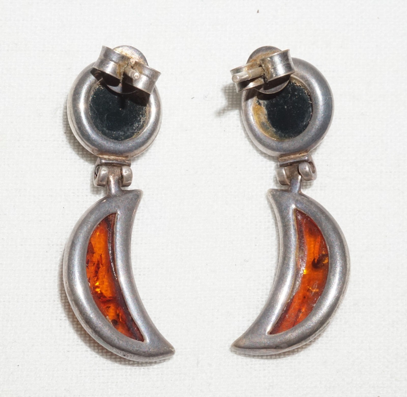 Pair Vintage Sterling Silver & Amber Hinged Dangle Earrings  (JoD)