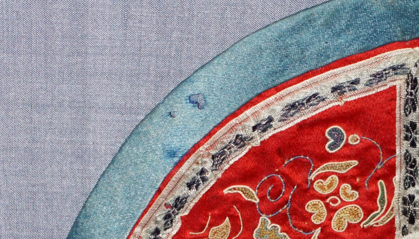 19C Chinese Framed Silk Brocade Embroidered Colar w Flower & Bird Motifs  (Mil) 