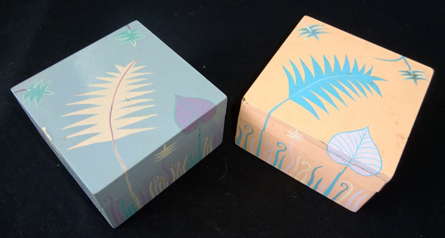 2x 1980s Haitian Wooden Covered Boxes w. Painted Floral Motif (Stea)