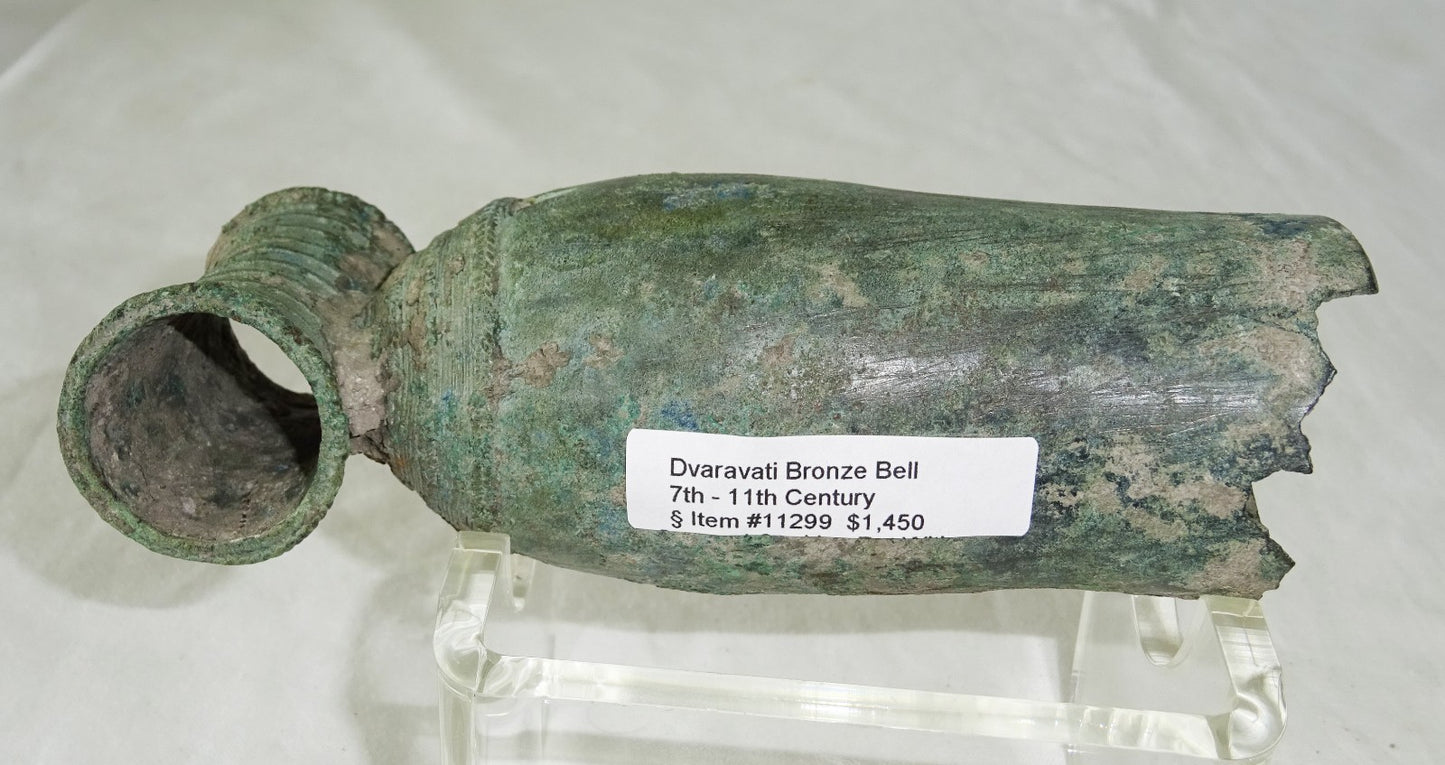7-11C Thai Dvaravati Period Lop Buri Bronze Bell w. Tube Holder - Excavated(Mil)