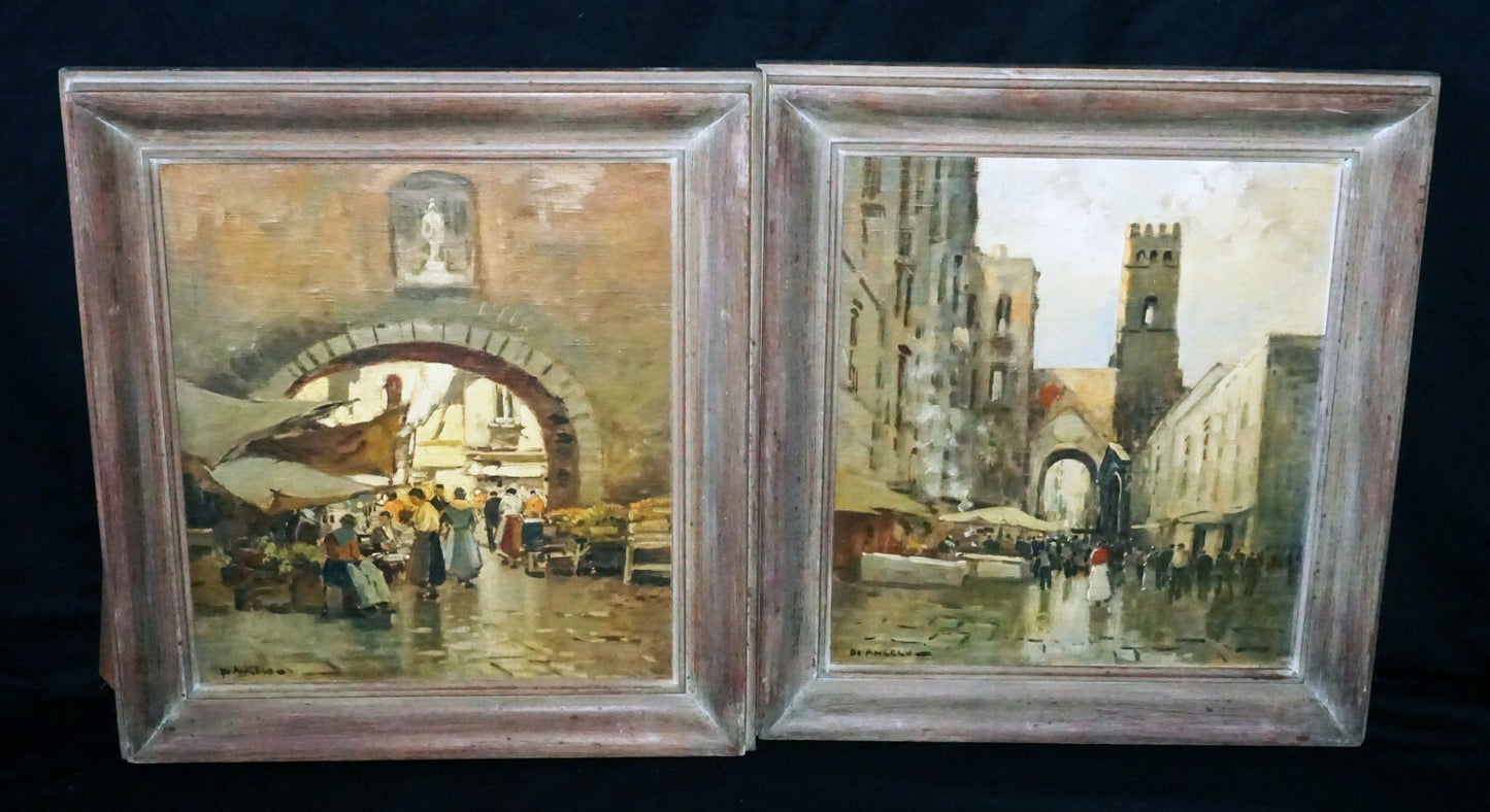 2Pc 40s Italy Oil Paintings Market Scenes by Pasquale D'Angelo  (1896-1955)(MOT)