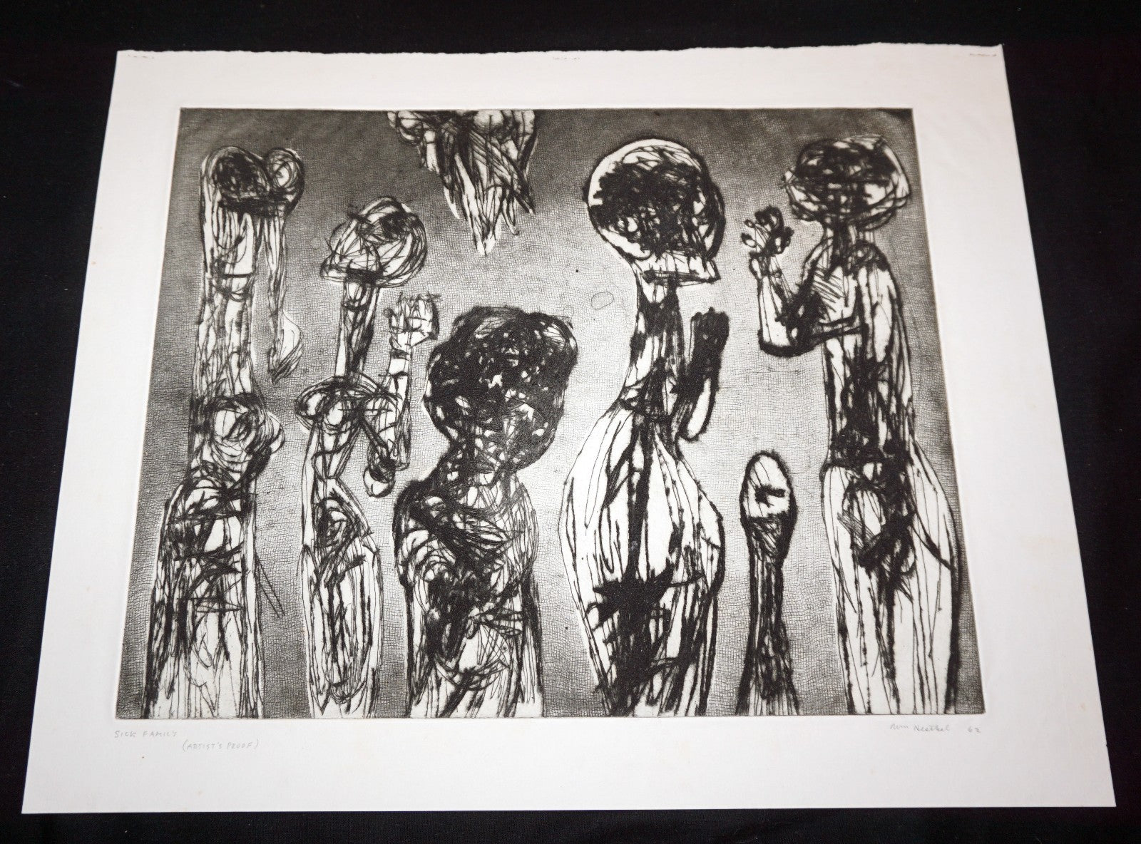 '62 California Abstract Etching Print "Sick Family"  by William Hesthal (Mod)