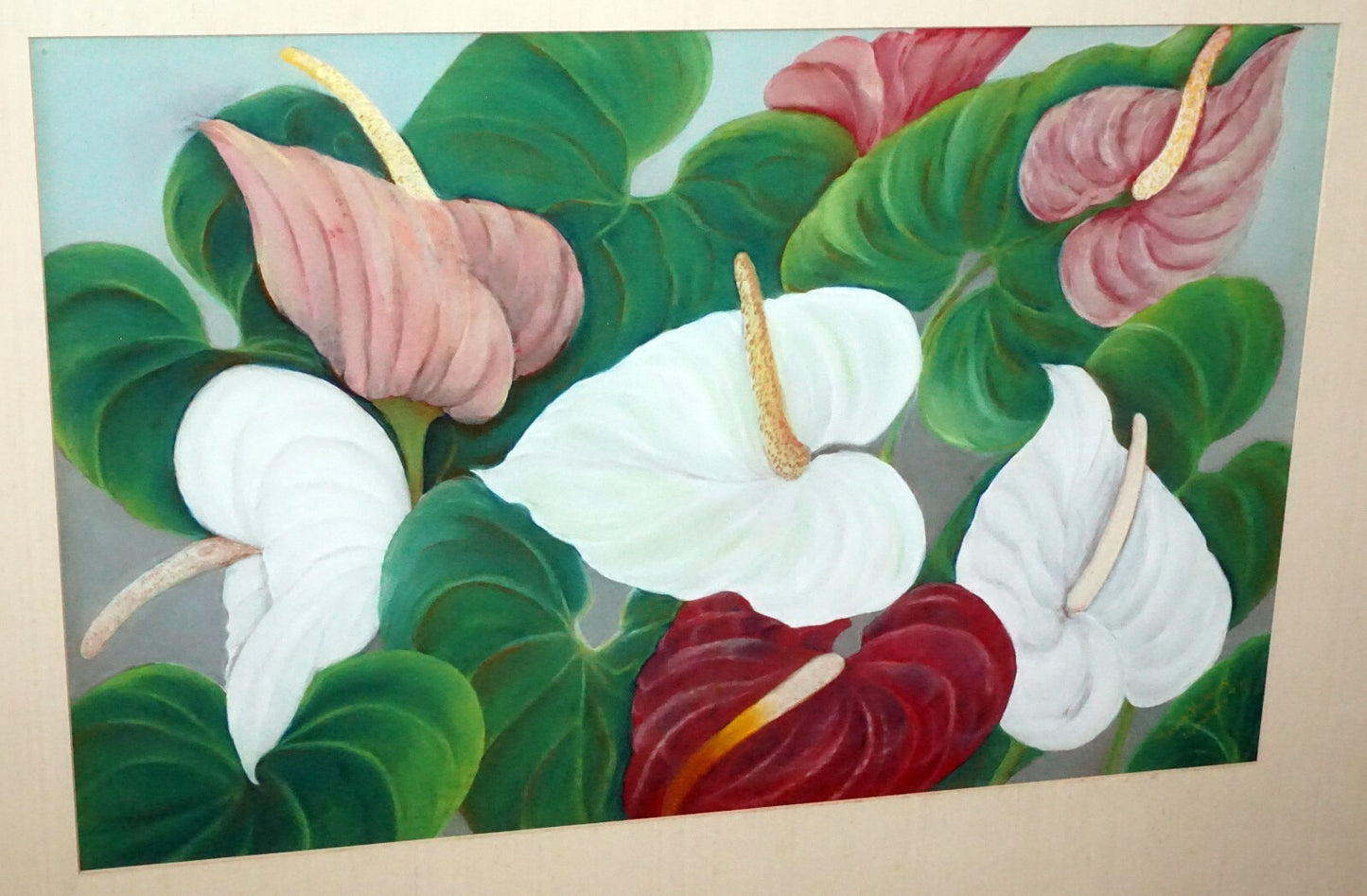 1950s Hawaii Koa Watercolor & Pastel Painting Hibiscus by Maude Horton (New)