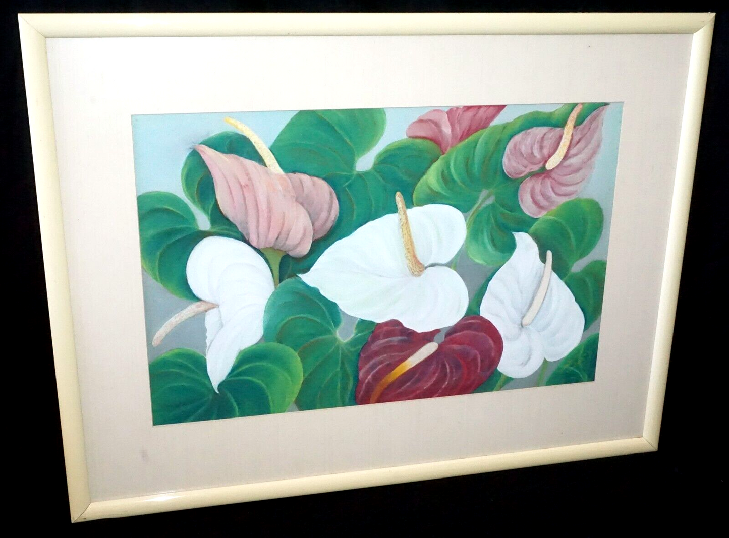 1950s Hawaii Koa Watercolor & Pastel Painting Hibiscus by Maude Horton (New)
