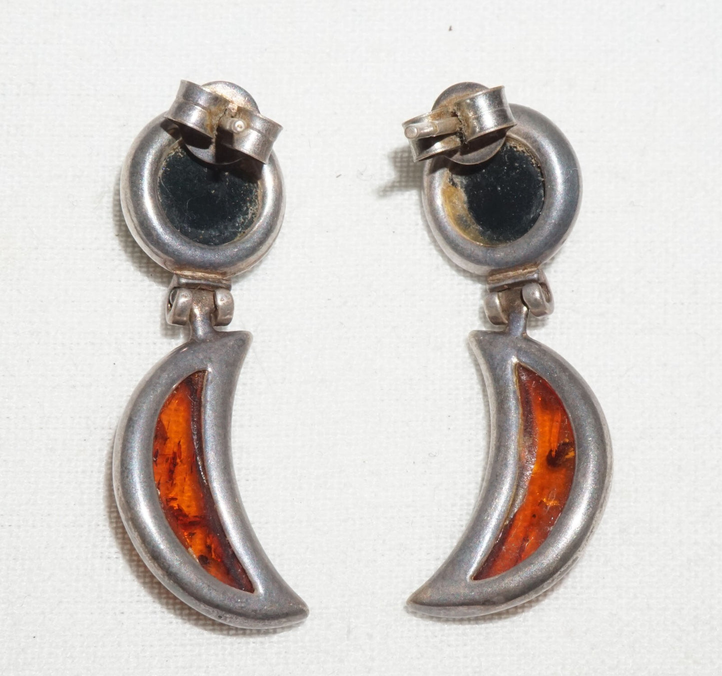 Pair Vintage Sterling Silver & Amber Hinged Dangle Earrings  (JoD)
