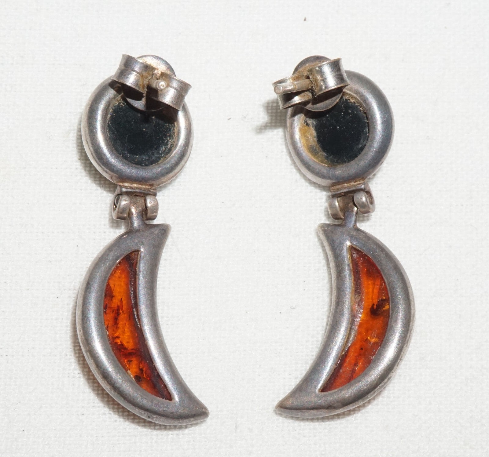 Pair Vintage Sterling Silver & Amber Hinged Dangle Earrings  (JoD)