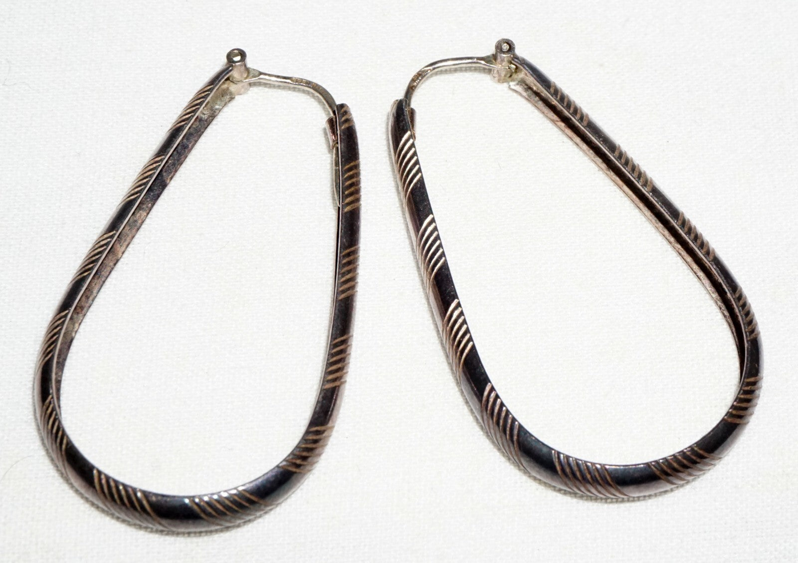 Pair Vintage Italy Modernist Sterling Silver Elongated Oval Hoop Earrings  (JoD)