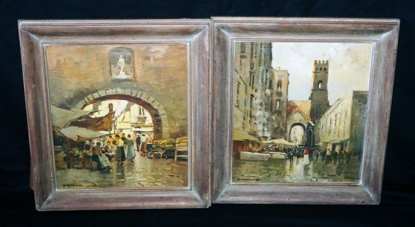 2Pc 40s Italy Oil Paintings Market Scenes by Pasquale D'Angelo  (1896-1955)(MOT)