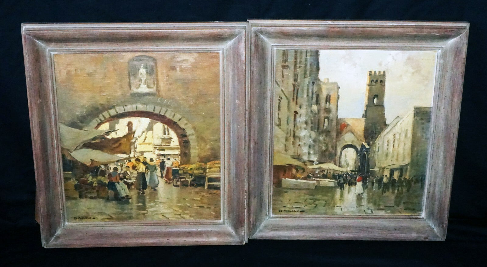 2Pc 40s Italy Oil Paintings Market Scenes by Pasquale D'Angelo  (1896-1955)(MOT)