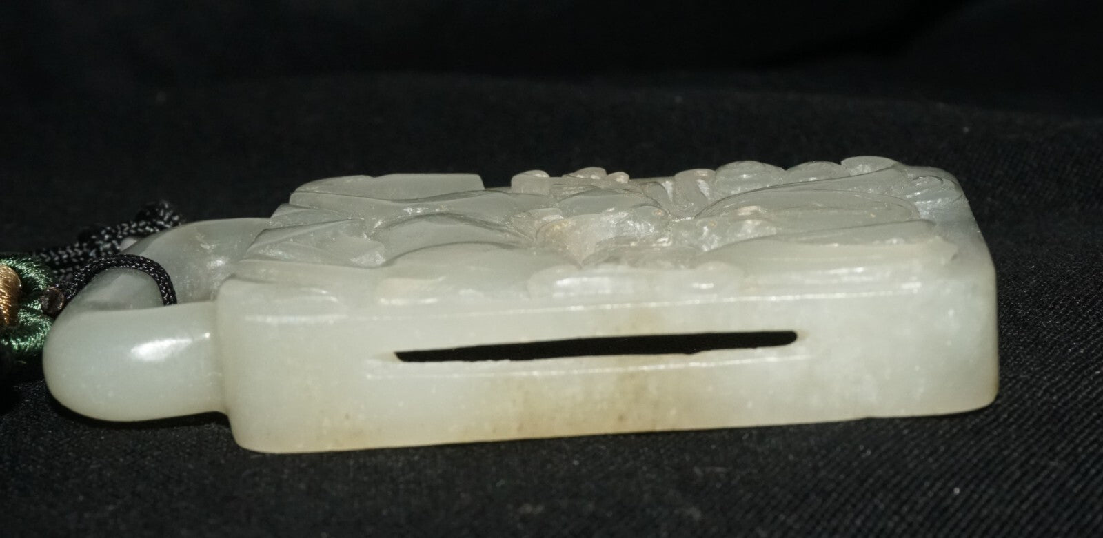 18C Chinese Grey Green Nephrite Jade Pierced Belt Buckle Deer & Bat  (LeS)L23