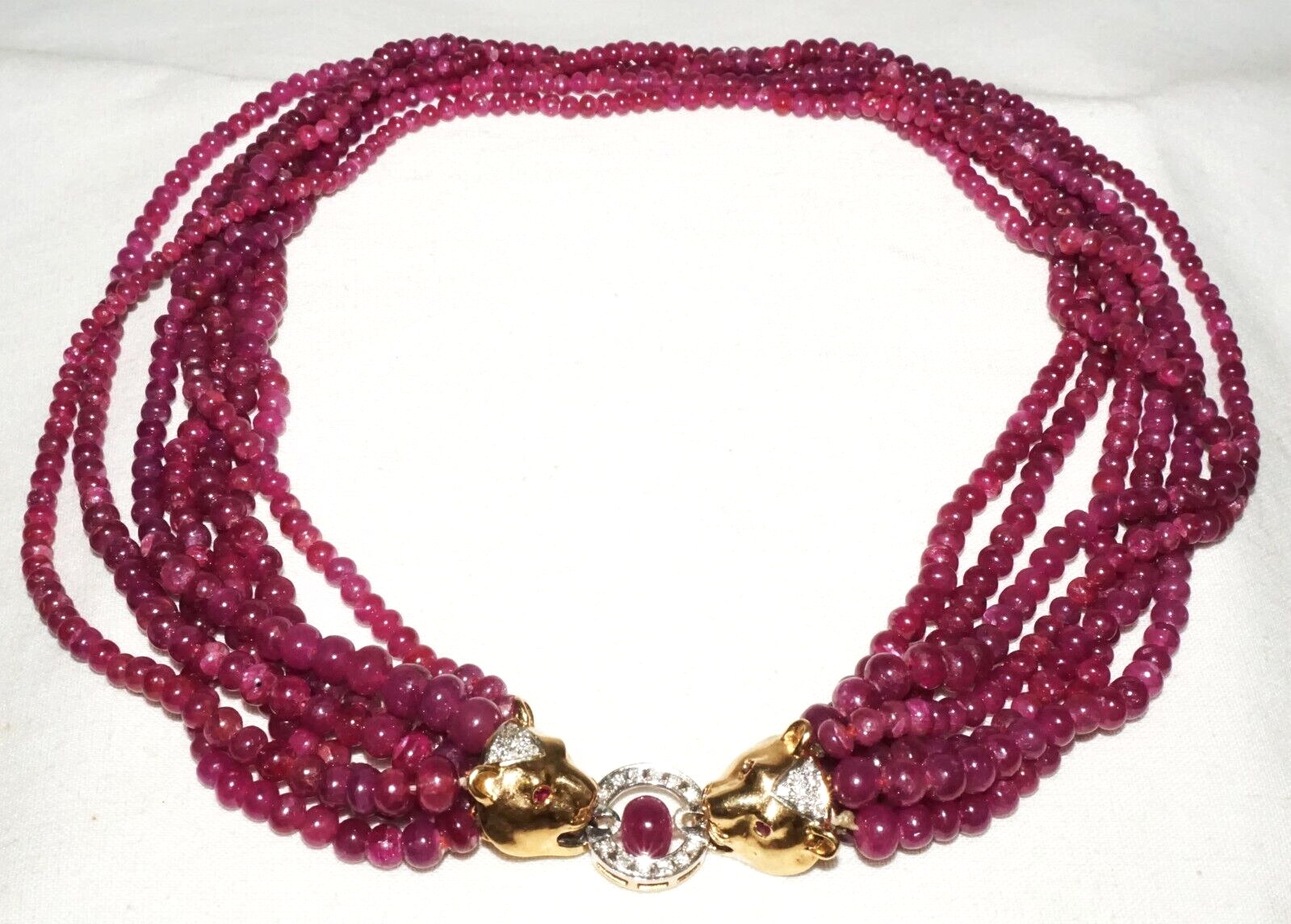 Vintage 7x Strand Ruby Bead Necklace w. 14k Y. Gold Double Leopard Clasp  (LeD)