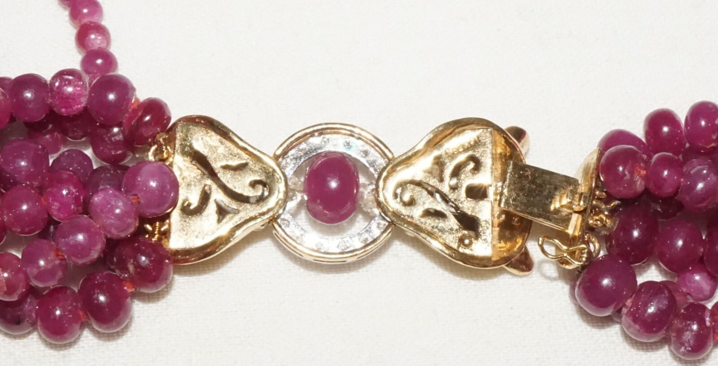 Vintage 7x Strand Ruby Bead Necklace w. 14k Y. Gold Double Leopard Clasp  (LeD)