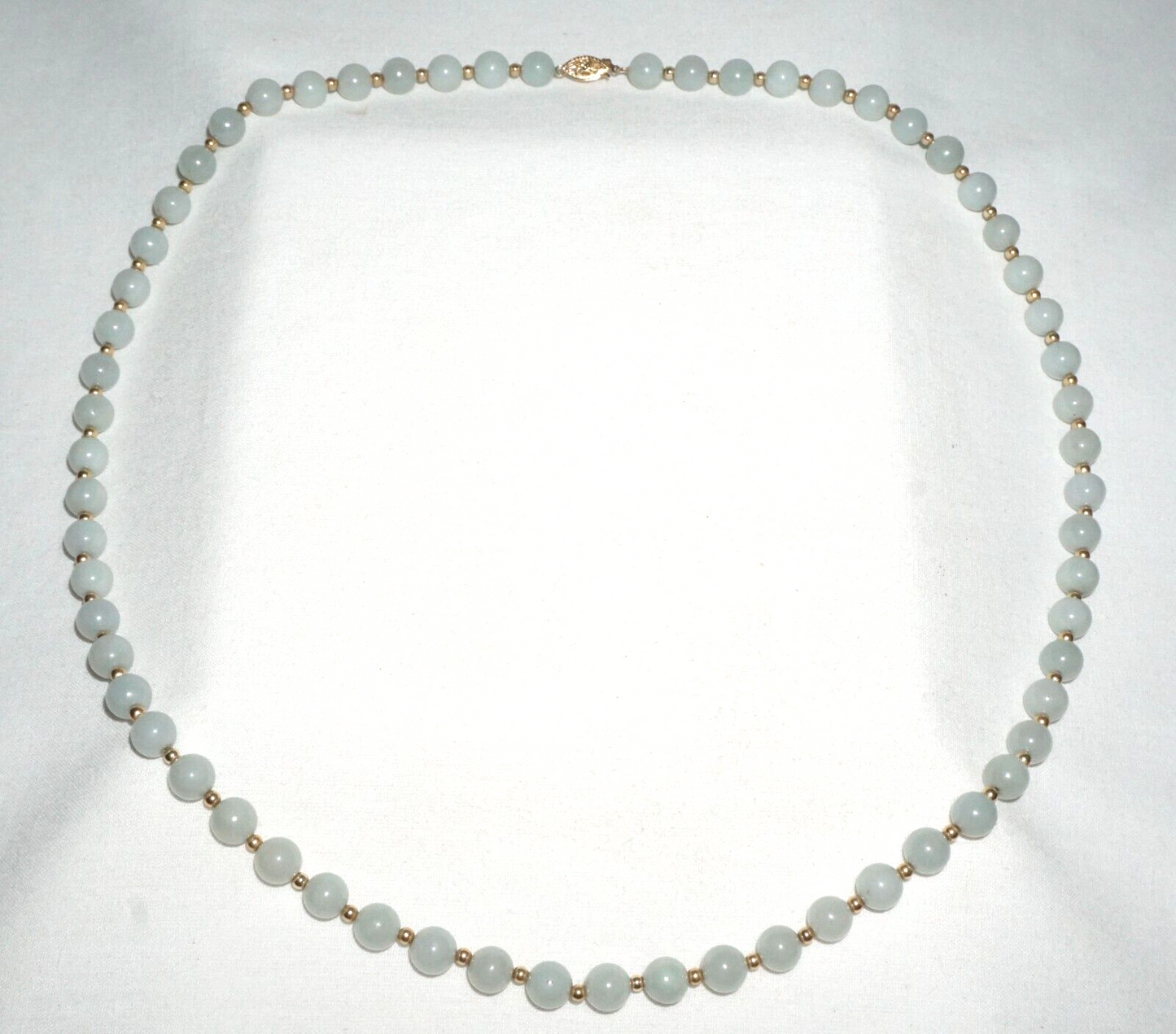 Vintage Chinese Jadeite Jade & Gold Spacer Bead Necklace w. 14k Clasp  (---)