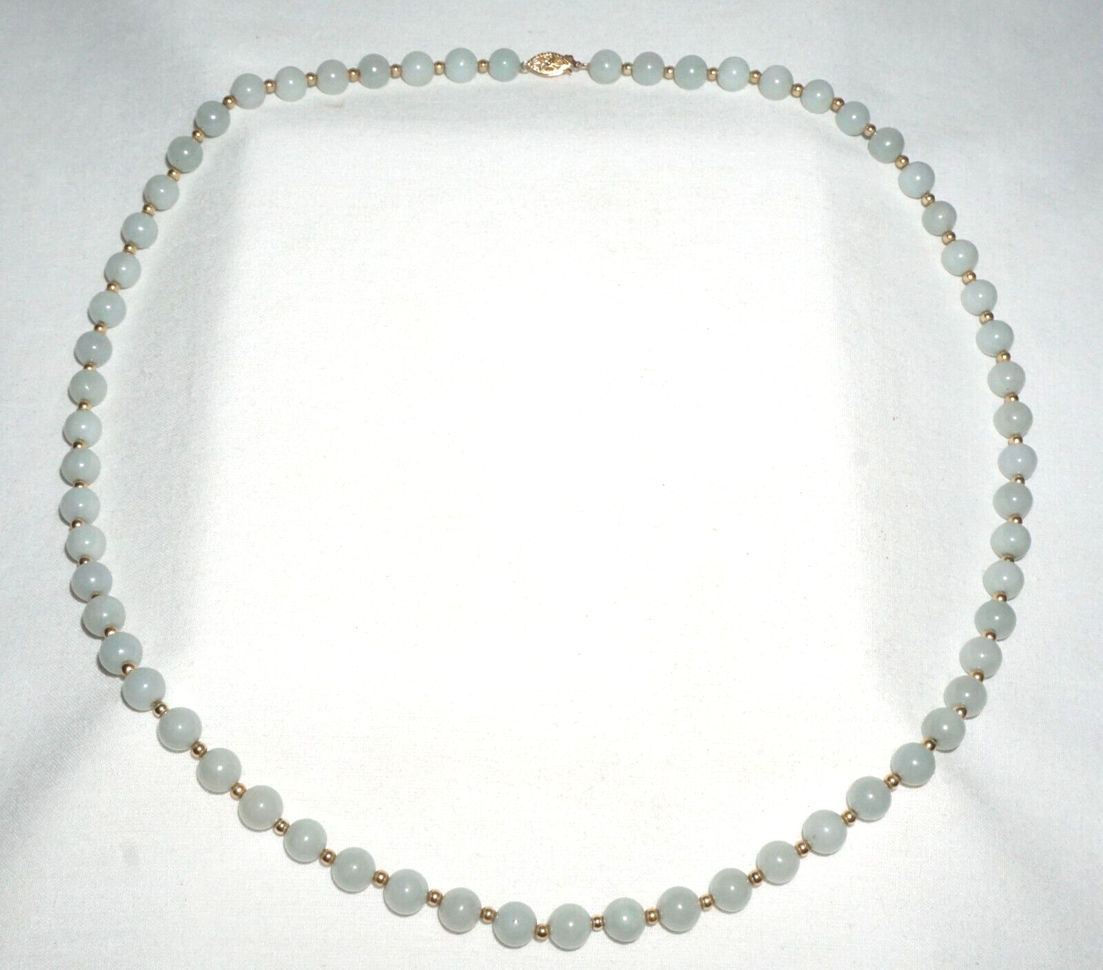 Vintage Chinese Jadeite Jade & Gold Spacer Bead Necklace w. 14k Clasp  (---)
