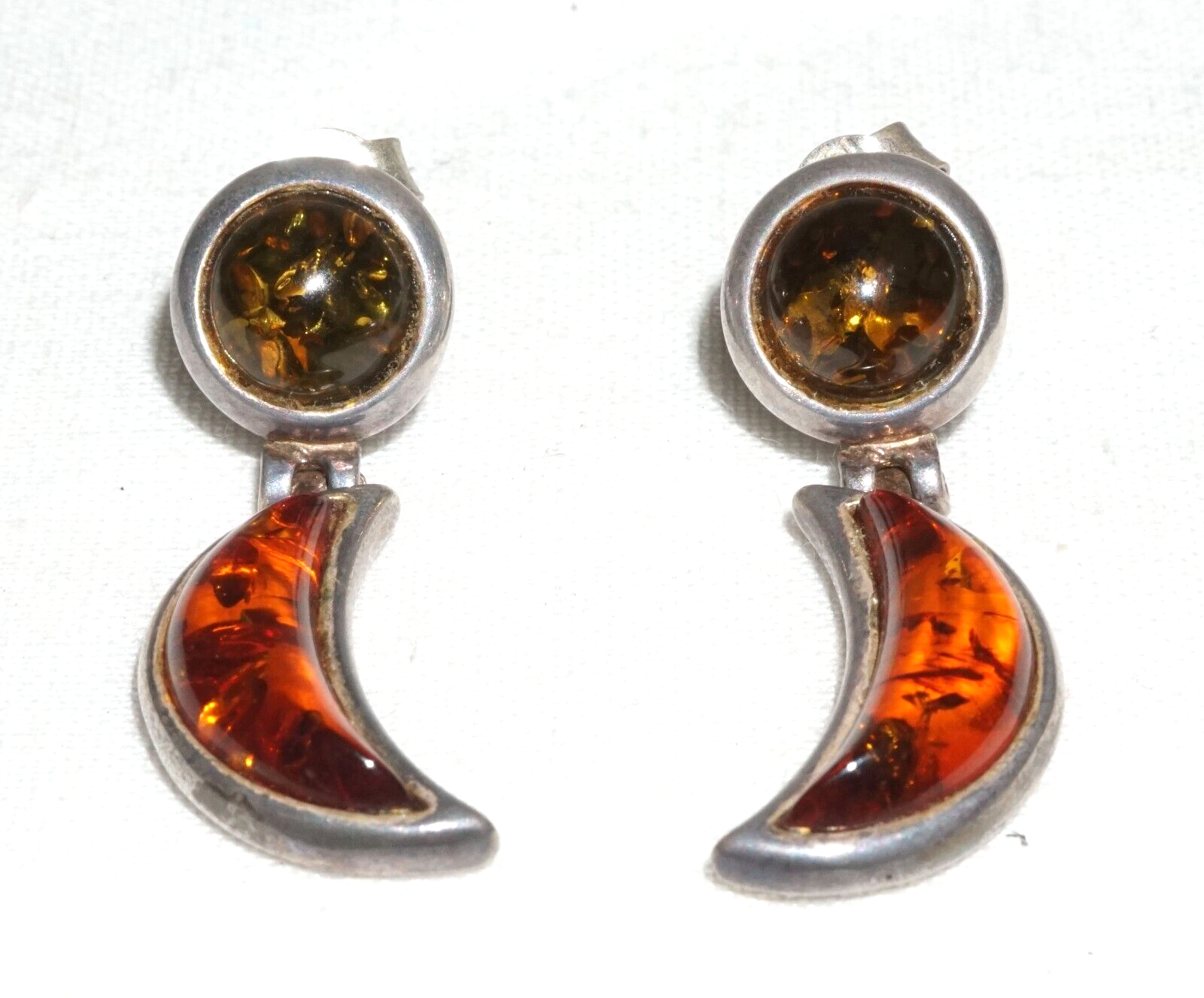 Pair Vintage Sterling Silver & Amber Hinged Dangle Earrings  (JoD)