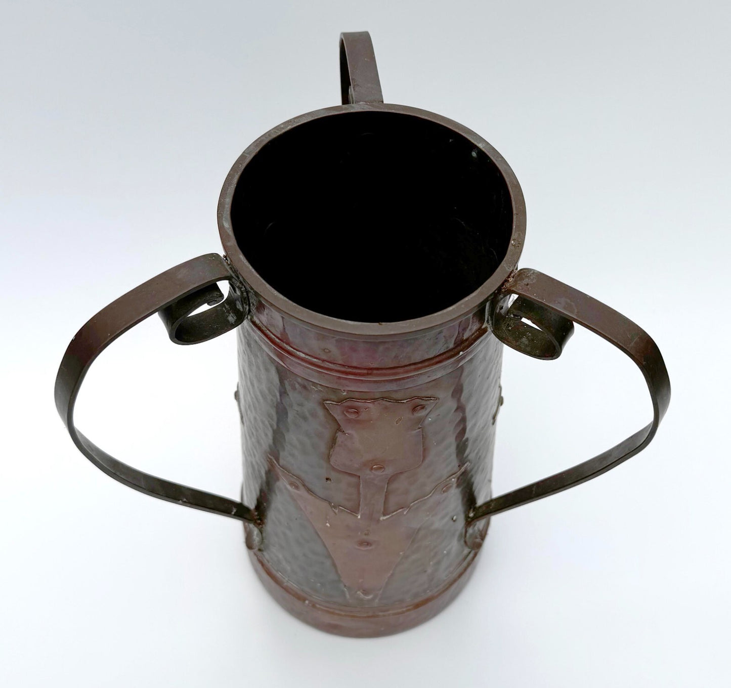 Arts & Crafts Hammered Copper Vase w Riveted Stylized Floral Motif  12" (NeW)