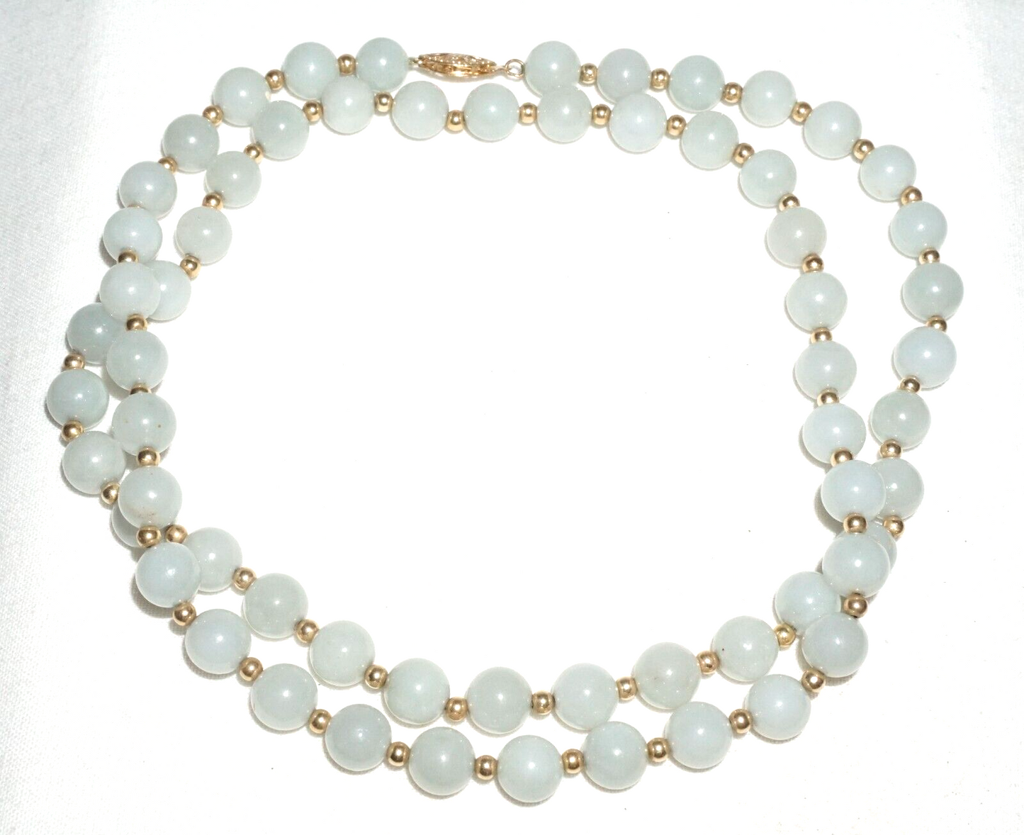 Vintage Chinese Jadeite Jade & Gold Spacer Bead Necklace w. 14k Clasp  (---)