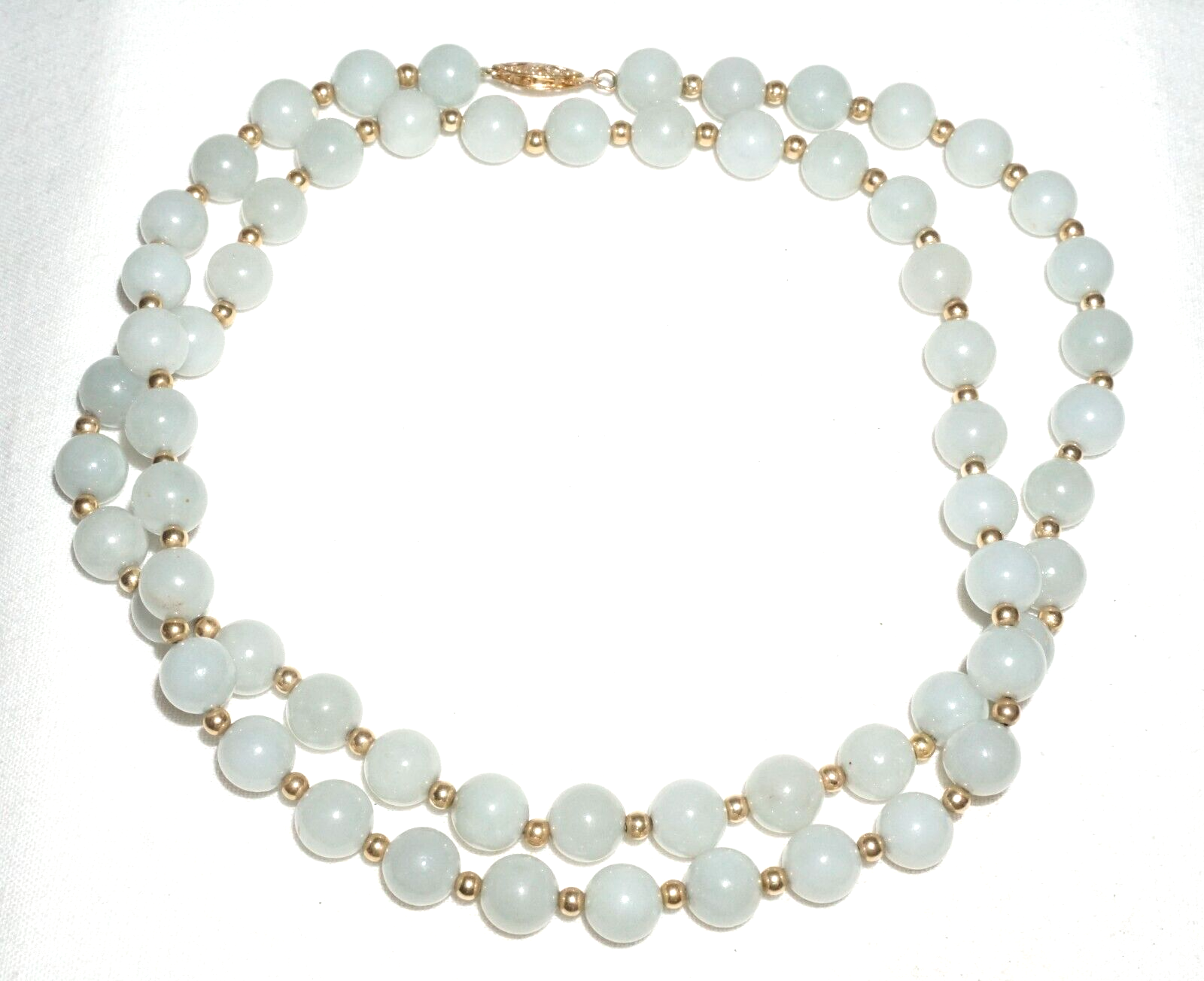 Vintage Chinese Jadeite Jade & Gold Spacer Bead Necklace w. 14k Clasp  (---)