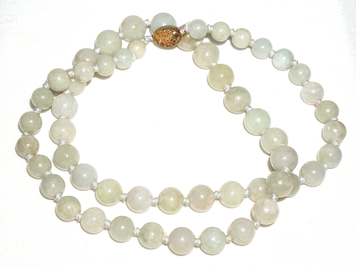 Vintage Chinese Grey Green Jadeite Jade Bead Necklace w. Gold Pl. Silver Clasp#2