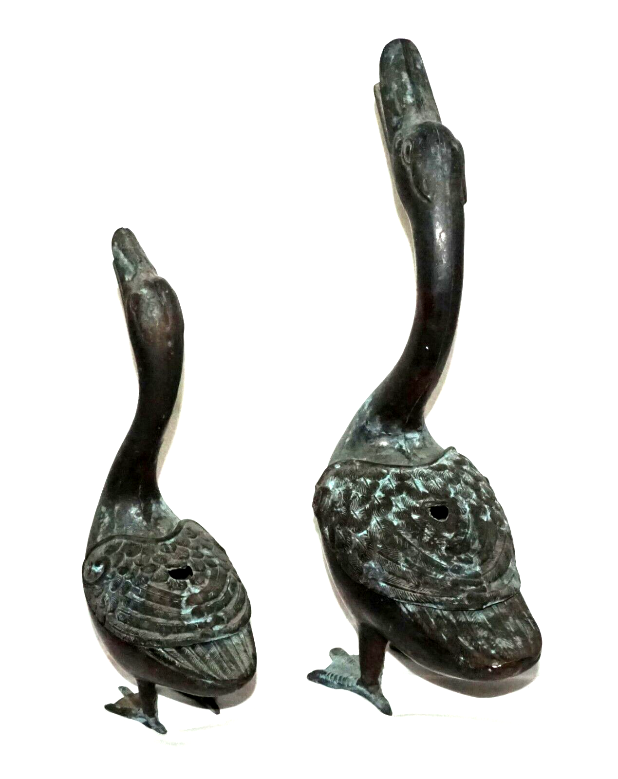 2Pc Chinese Bronze Incense Burners w. Squawking Geese Motif  (NiC)