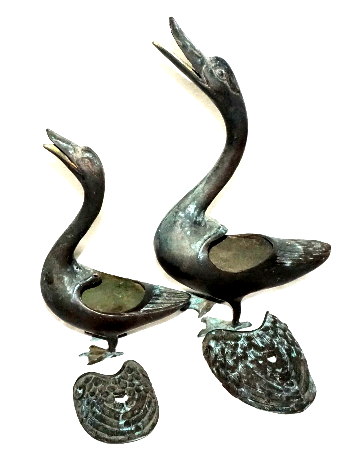 2Pc Chinese Bronze Incense Burners w. Squawking Geese Motif  (NiC)