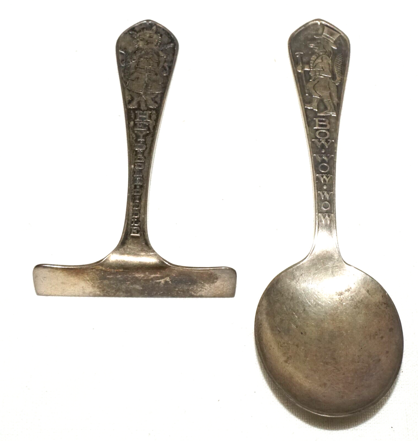 Pair 1930s US Sterling Silver Baby Utensils Bow Wow/ Hey Diddle McChesney  (CrT)