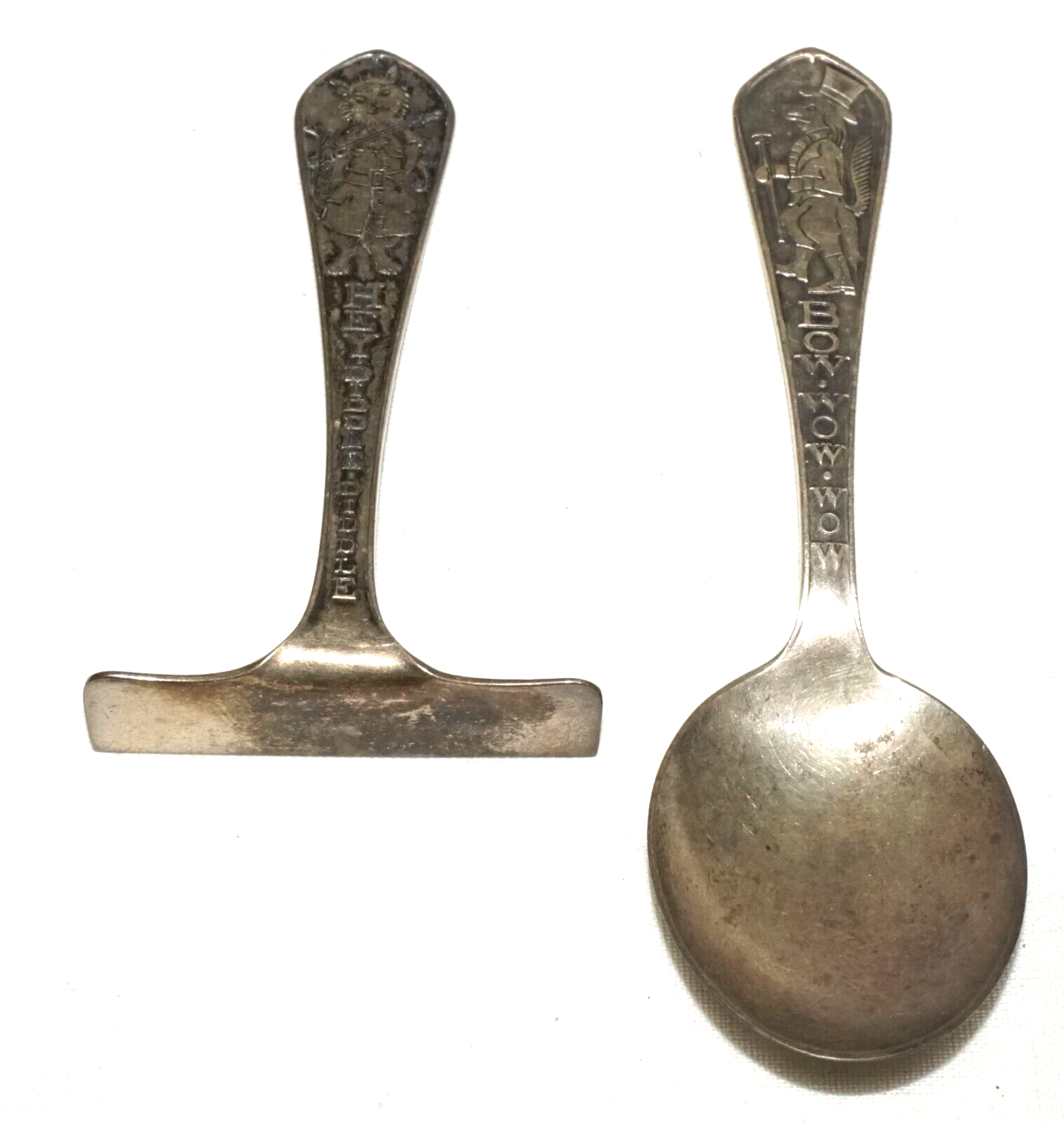 Pair 1930s US Sterling Silver Baby Utensils Bow Wow/ Hey Diddle McChesney  (CrT)