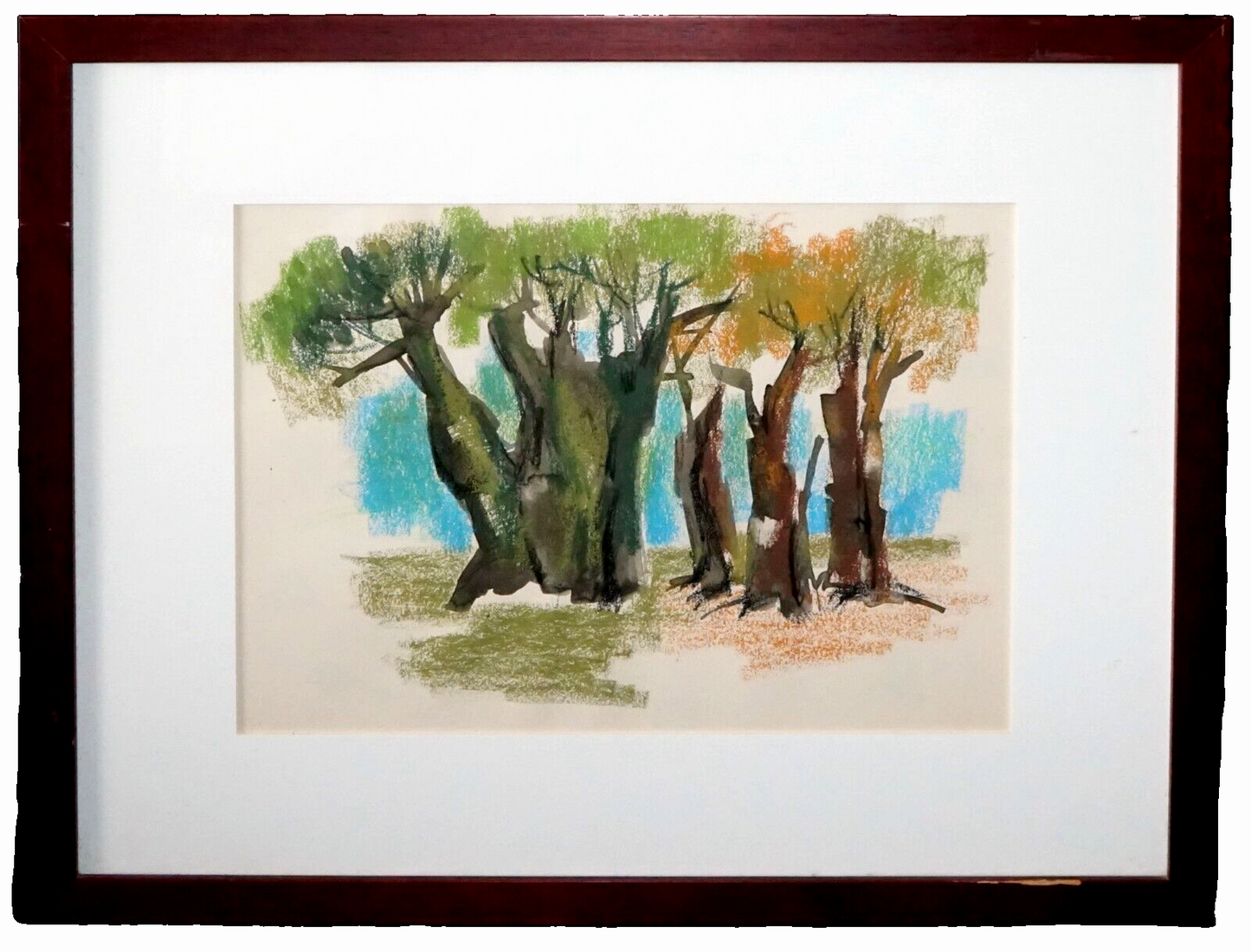 Hawaii Modernist Watercolor & Pastel Painting Trees by Keichi Kimura (PeNe