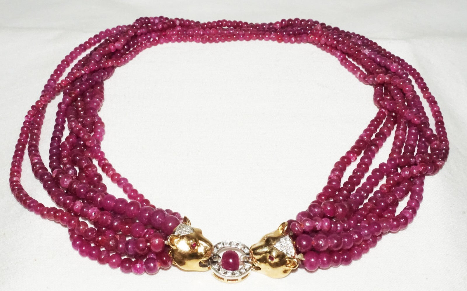 Vintage 7x Strand Ruby Bead Necklace w. 14k Y. Gold Double Leopard Clasp  (LeD)