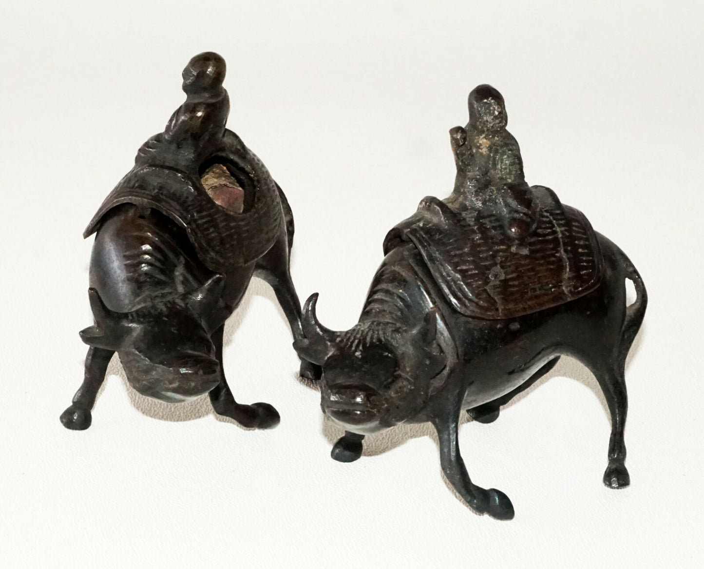 Pair Japanese Meiji Small Bronze Incense Burner w. Figure on Ox Motif  (FLA)