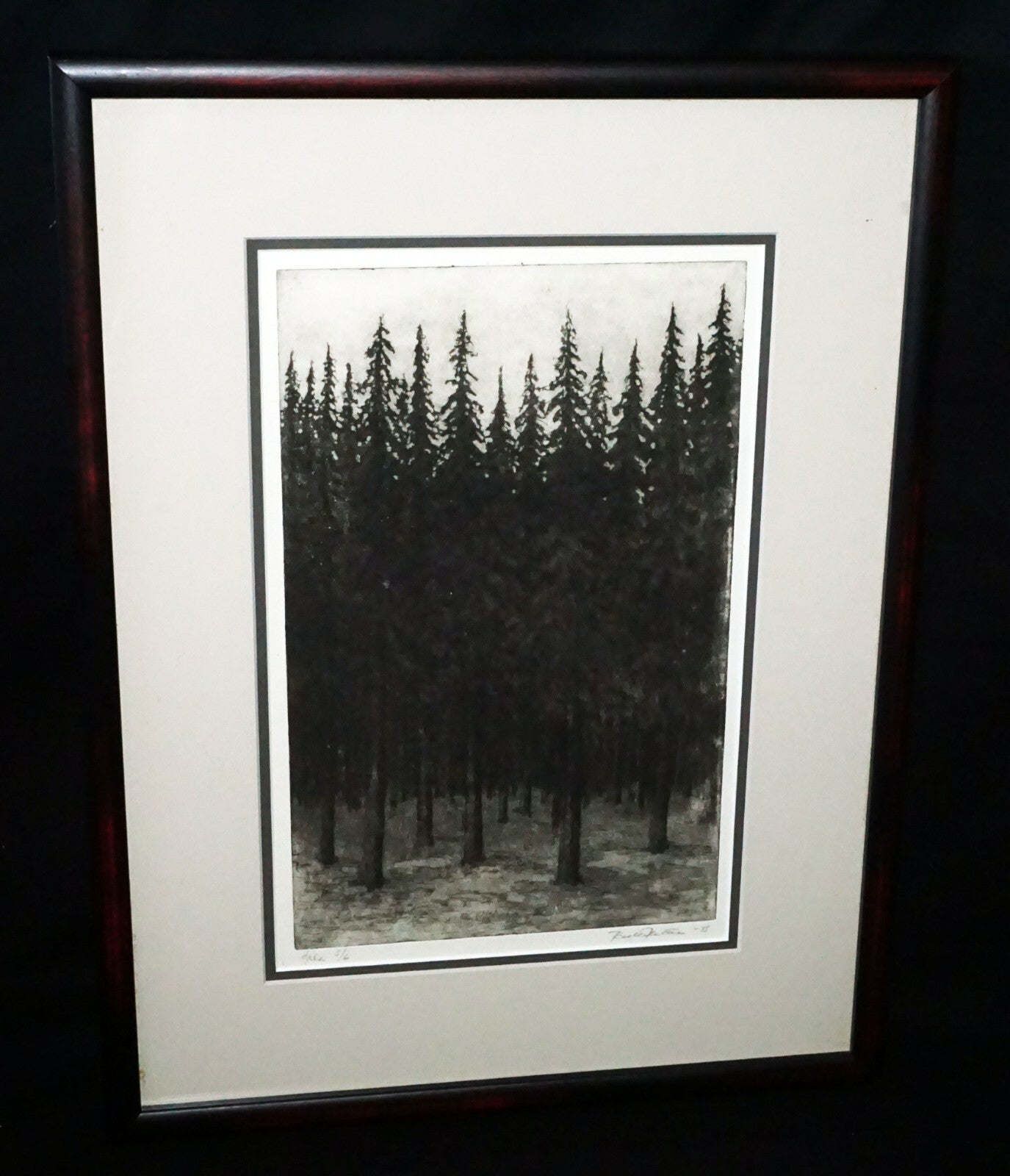 1993 US Framed Aquatint Print 3/6 "Thick Pine Forest"  by illegible signed (CWo)