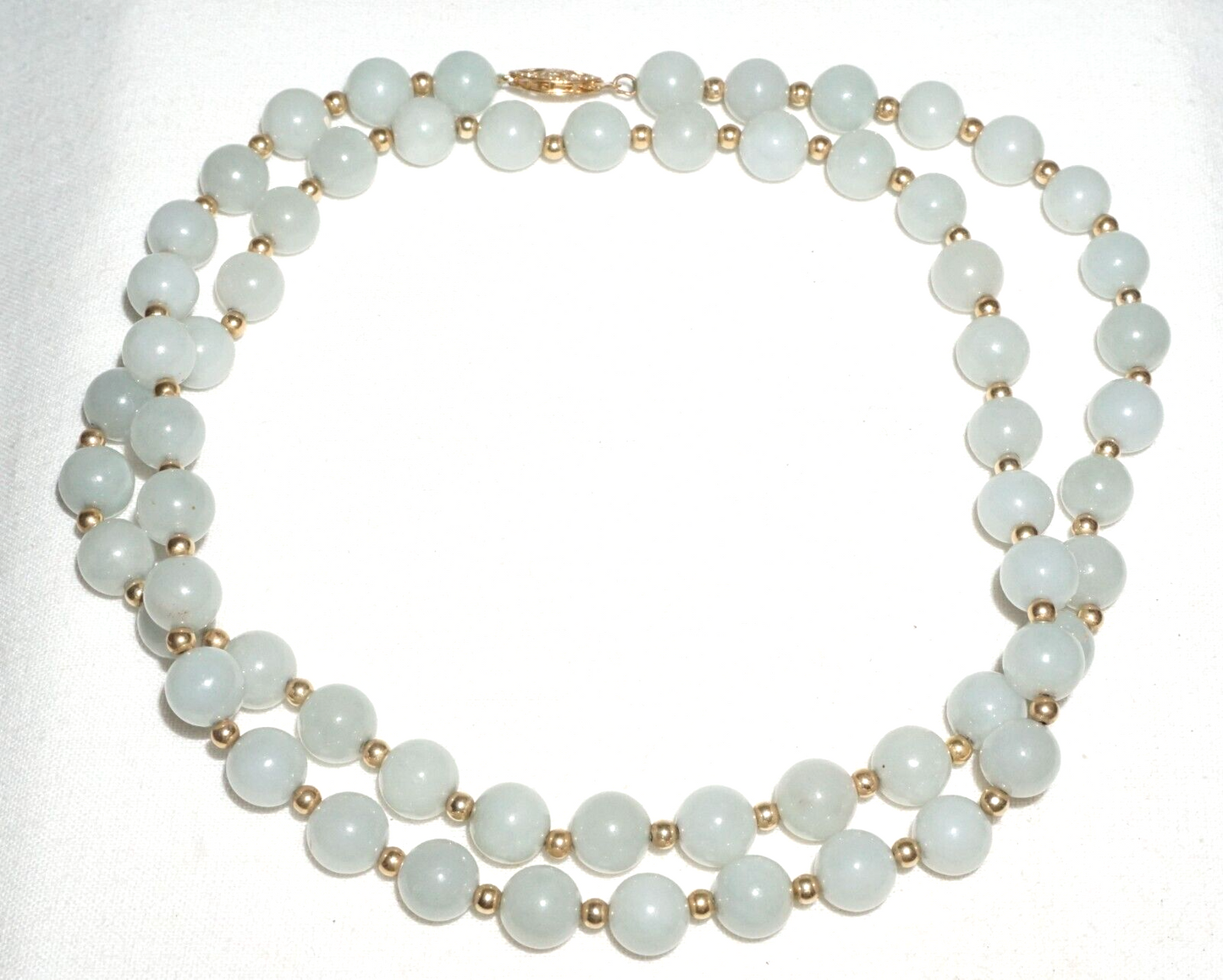 Vintage Chinese Jadeite Jade & Gold Spacer Bead Necklace w. 14k Clasp  (---)