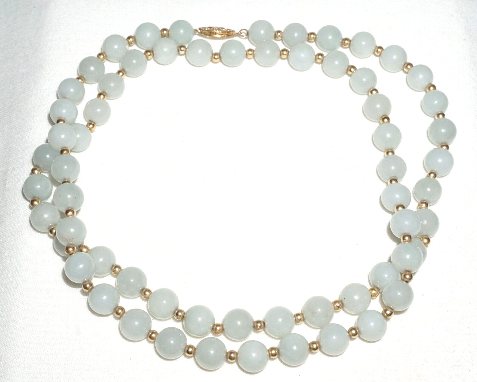 Vintage Chinese Jadeite Jade & Gold Spacer Bead Necklace w. 14k Clasp  (---)