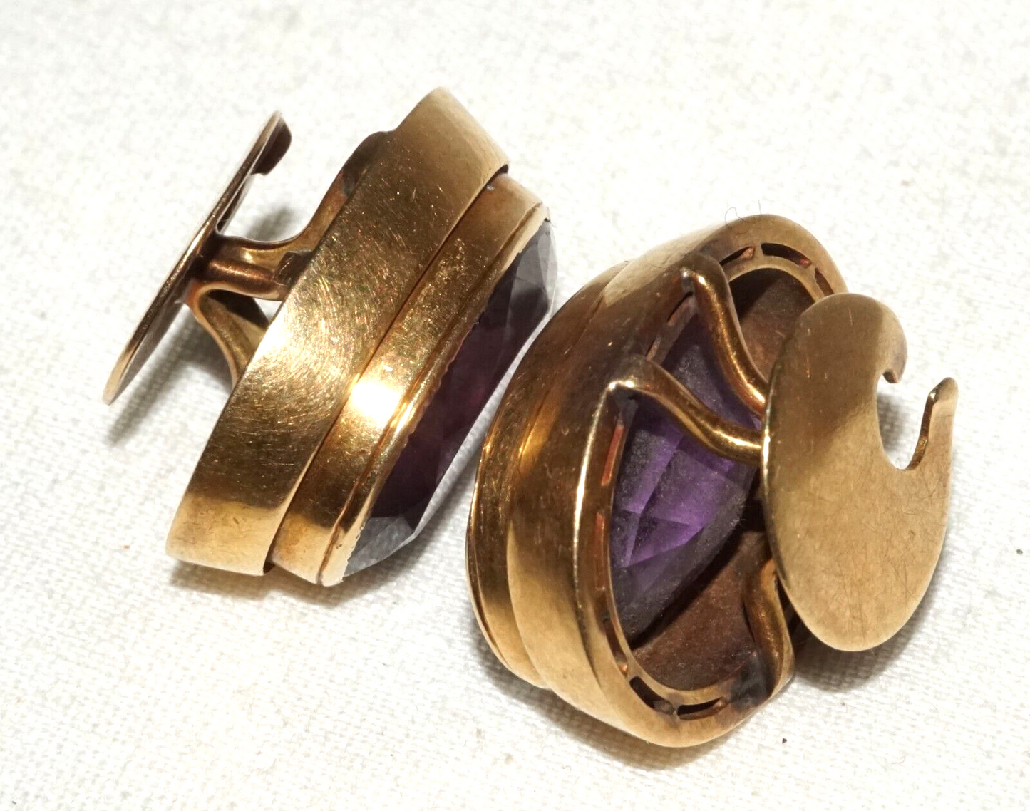 Pair UK 10K Yellow Gold Victorian Cuff Buttons w. Amethyst Accents  (CuM)