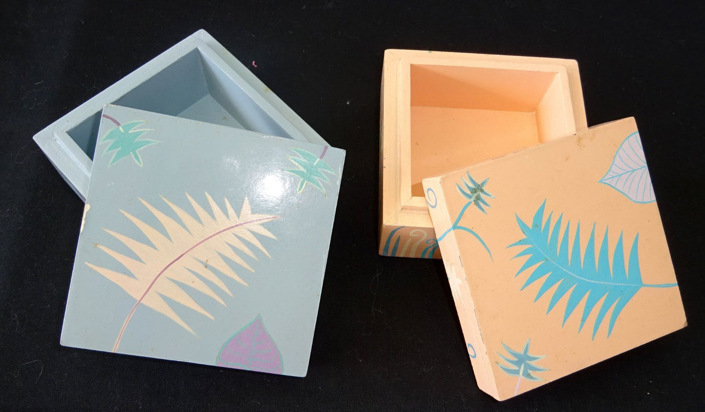 2x 1980s Haitian Wooden Covered Boxes w. Painted Floral Motif (Stea)