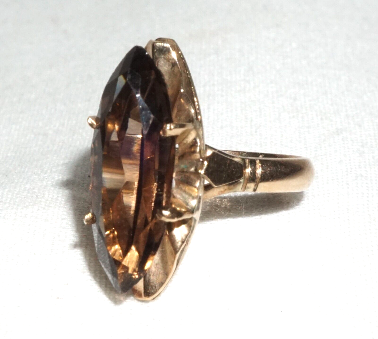 Vintage 14k Yellow Gold  Ring Sz.5.5 set 1x Marquise Cut Smoky Quartz (BrM)L3