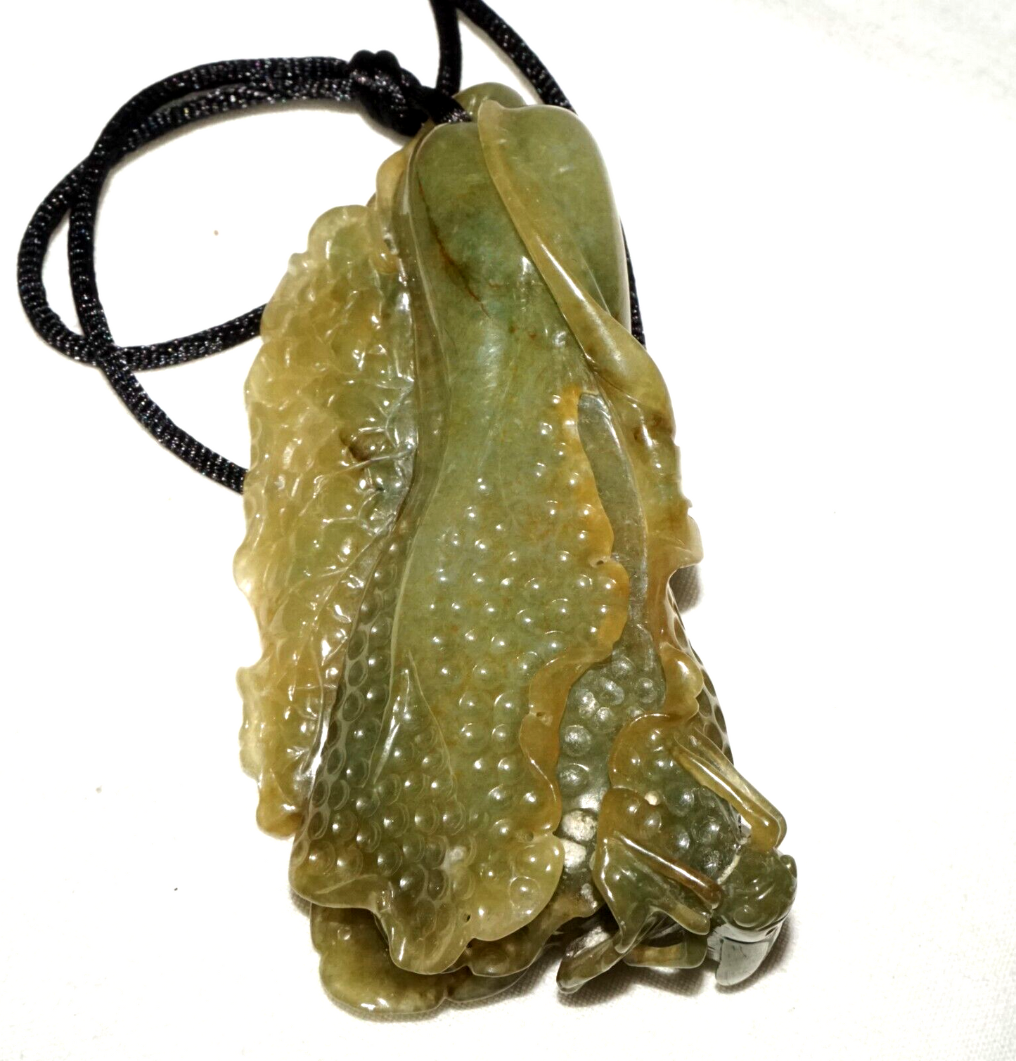 Vintage Chinese Green Jade Cabbage & Bug Motif Large Carved Pendant  (LeS)L20