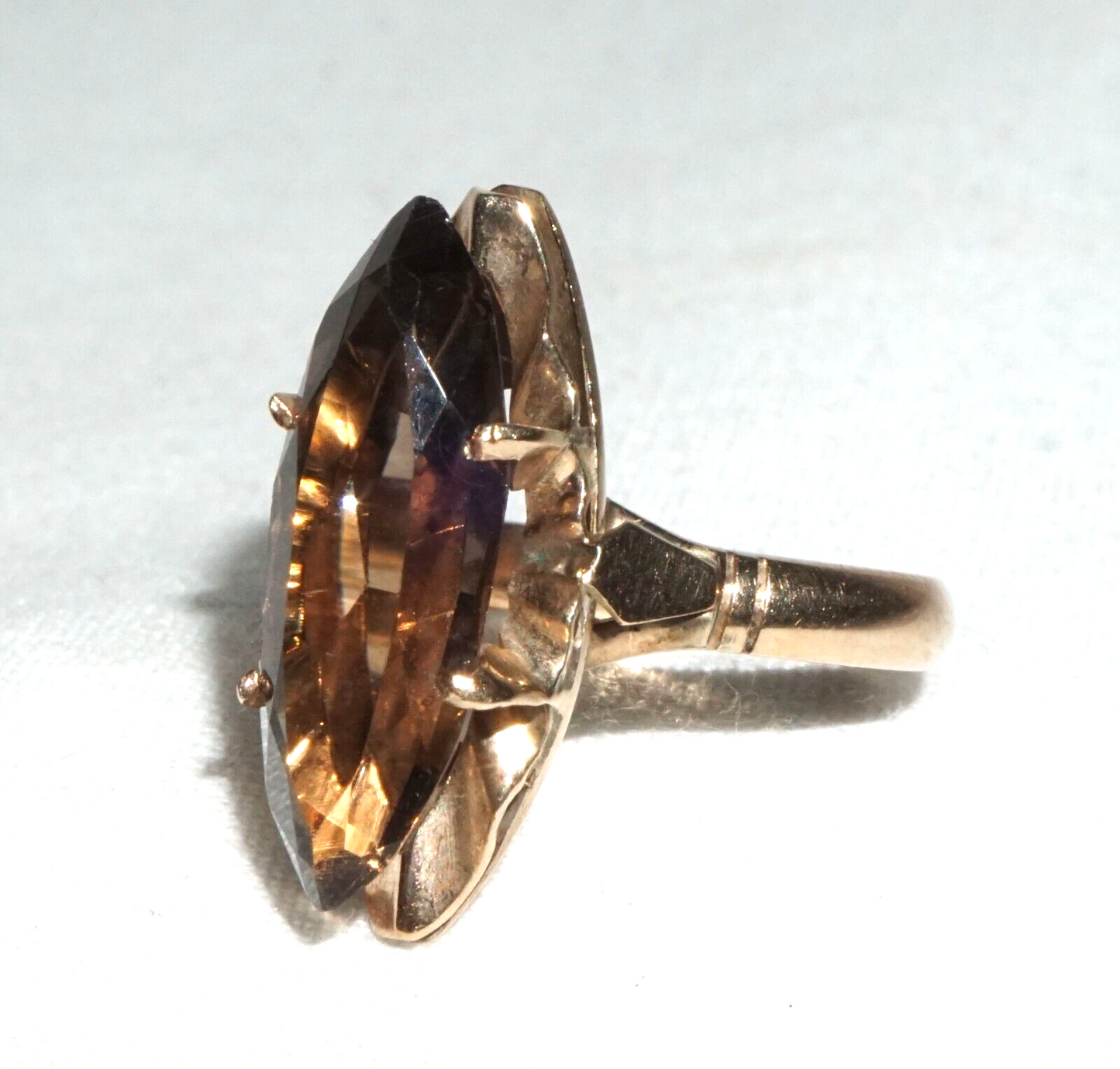 Vintage 14k Yellow Gold  Ring Sz.5.5 set 1x Marquise Cut Smoky Quartz (BrM)L3