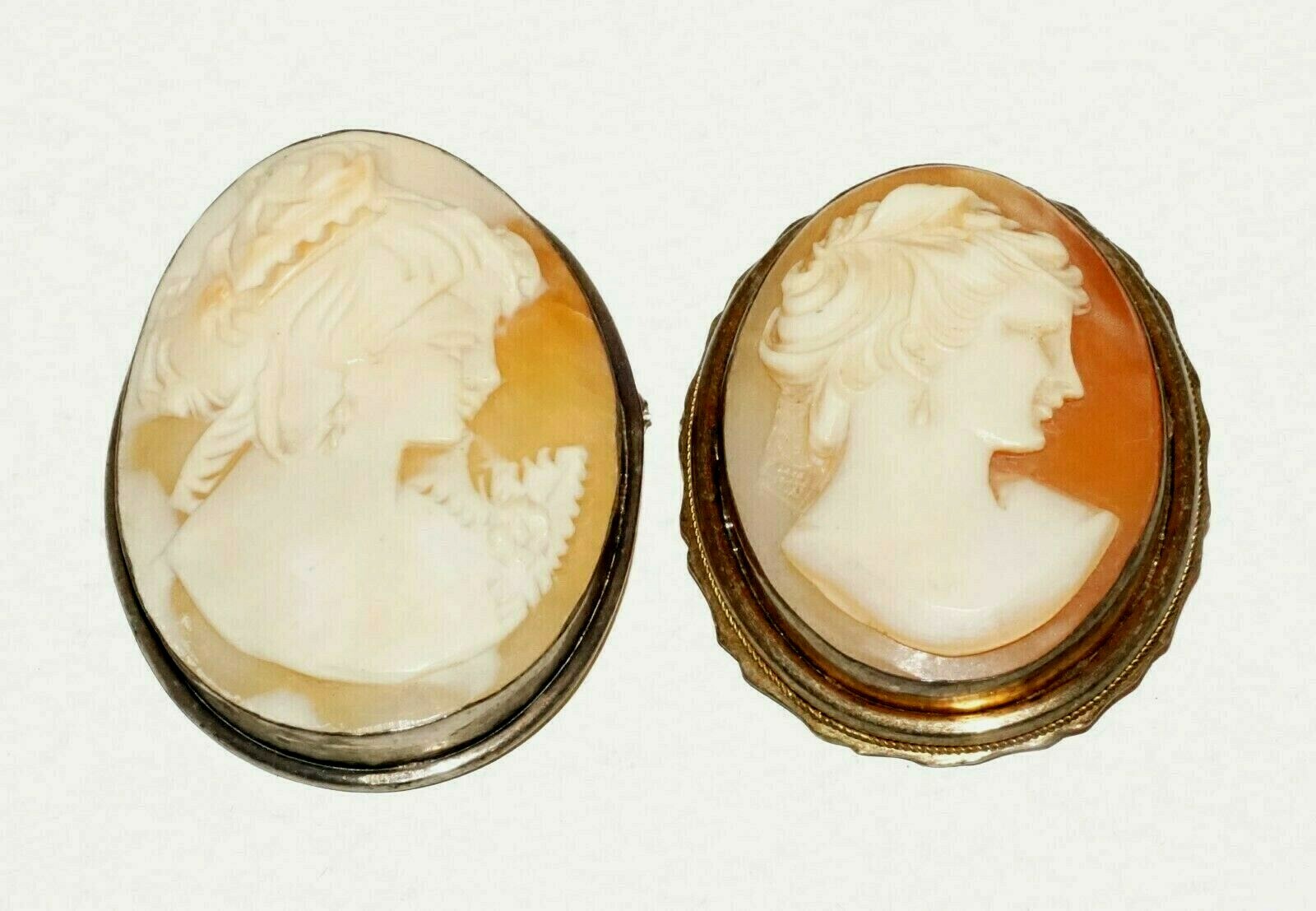 2Pc Italian 800 Silver Shell Cameo's Brooch Pendant w Female Bust Motif  (HaY)#7