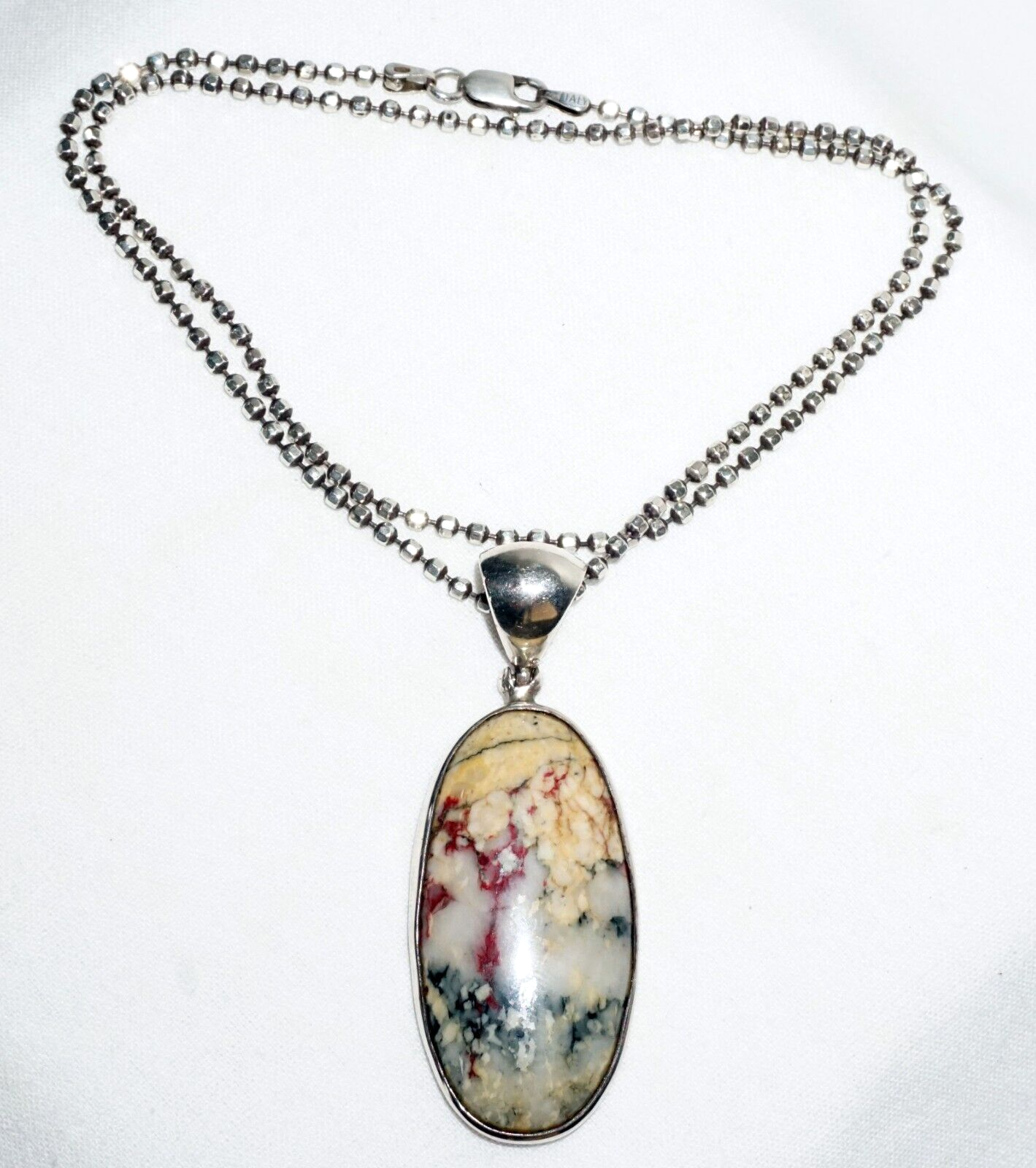 Sterling Silver Necklace w. Silver Set Multi Color Hard Stone Pendant  (LoC)N1