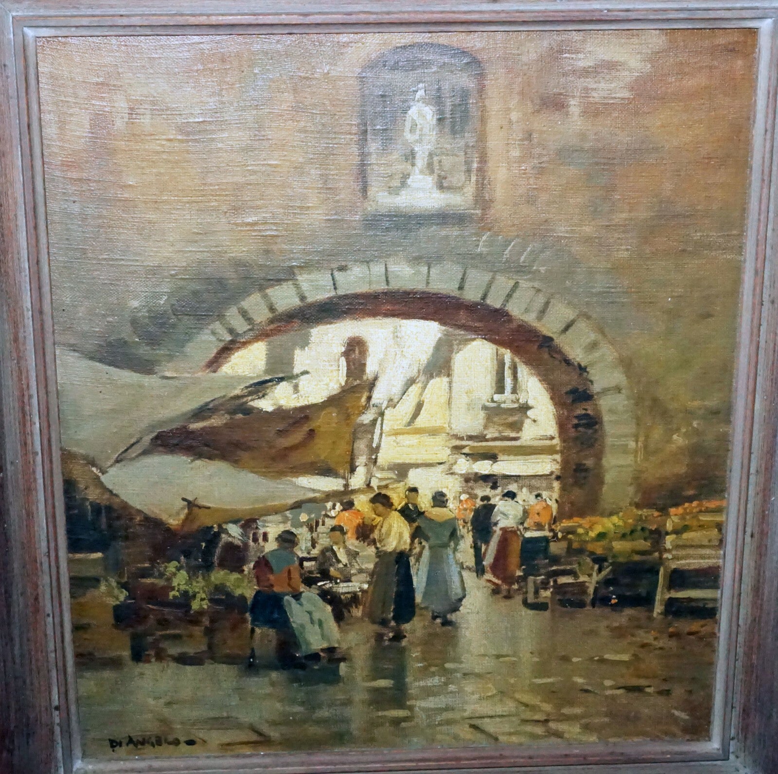 2Pc 40s Italy Oil Paintings Market Scenes by Pasquale D'Angelo  (1896-1955)(MOT)