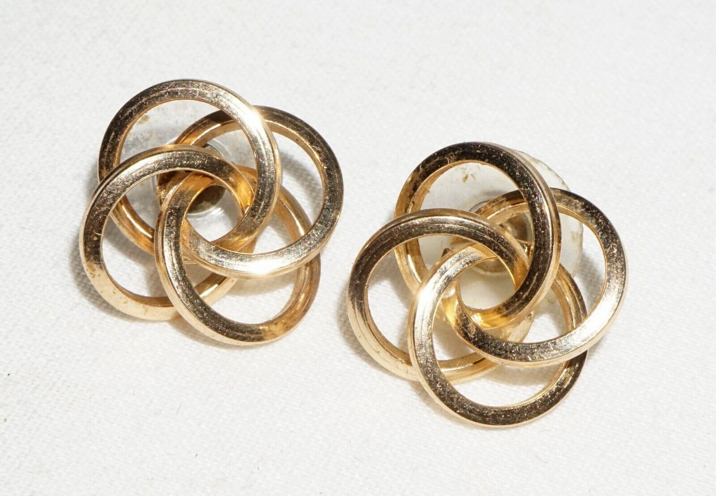 Pair Vintage Modernist 14k Yellow Gold Quadruple Ring Design Earrings  (***)
