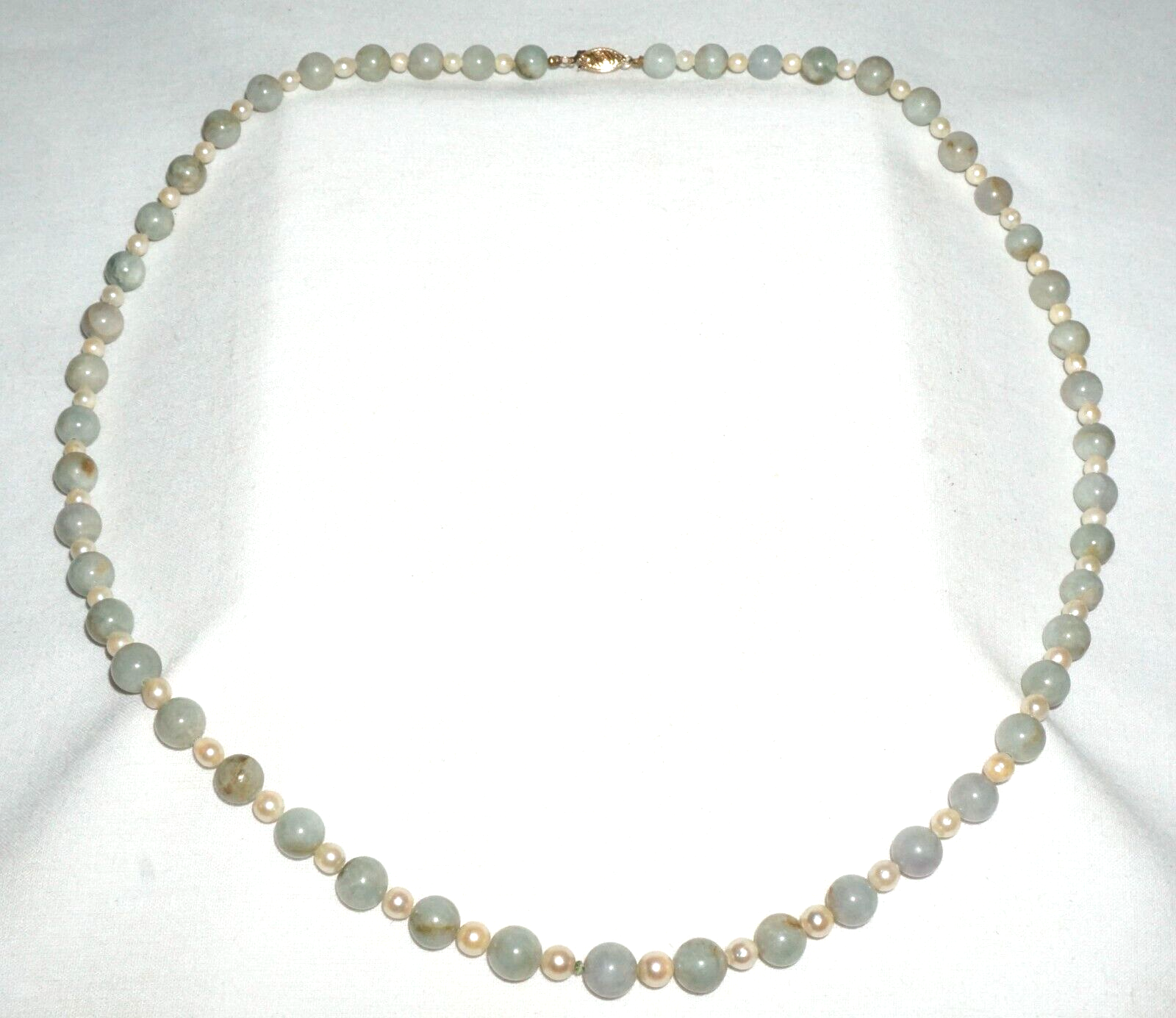 Vintage Chinese Jadeite Jade & Pearl Spacer Bead Necklace w. 14k Clasp  (---)