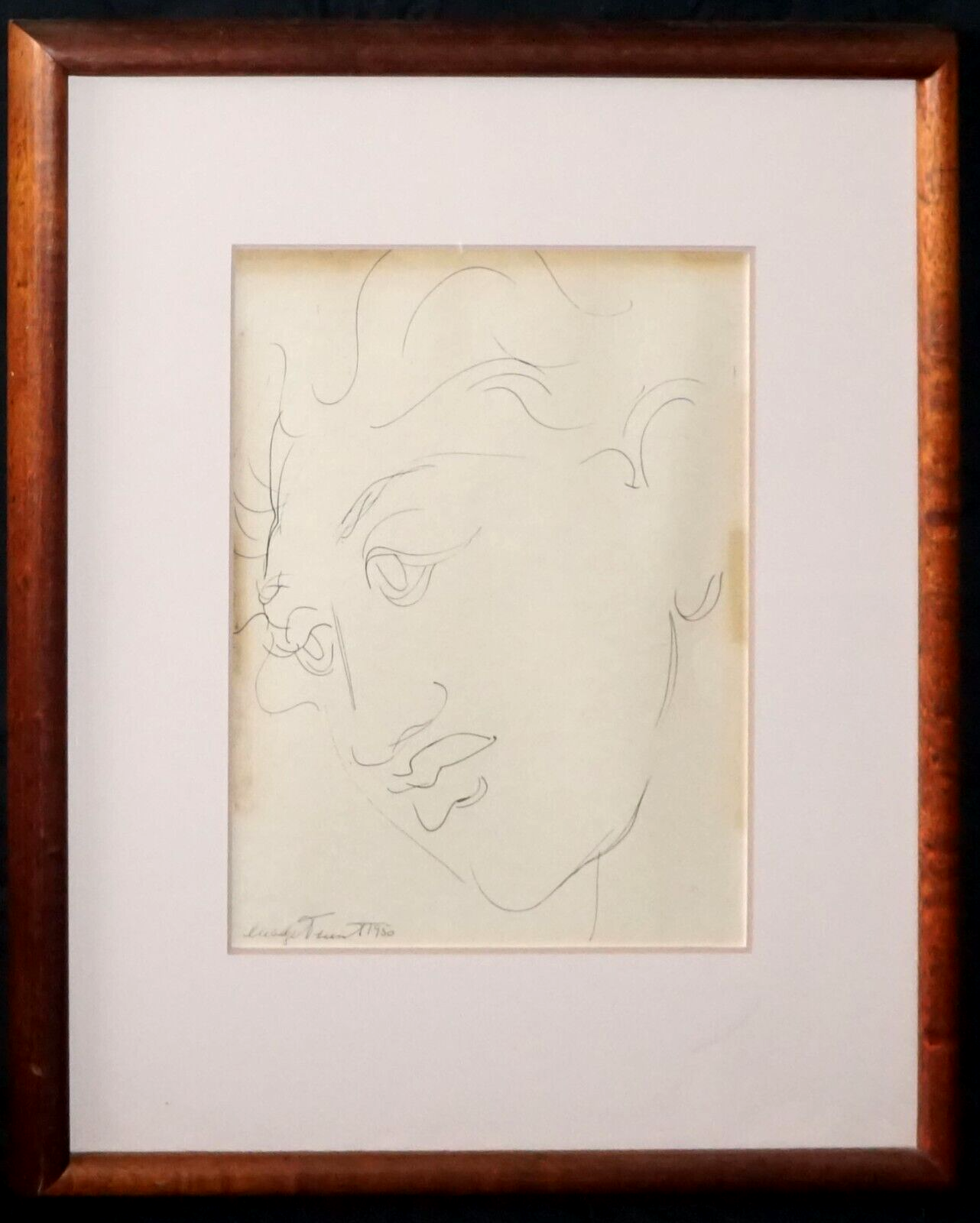 1950 Hawaii Koa Framed Ink Drawing Hawaiian Woman Head by Madge Tennent (PeNe